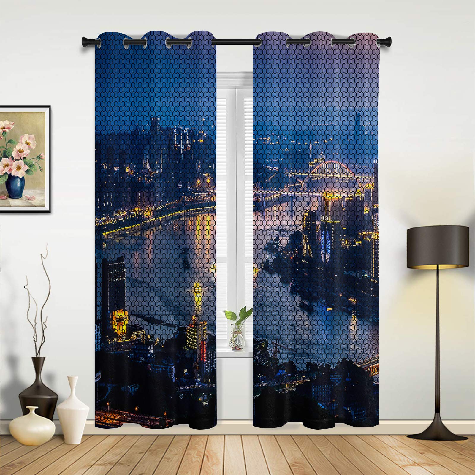LooPoP Blackout Window Curtains 52x63 Inch - 2 Panel Set for Bedroom, Modern Cityscape Night View Design, Honeycomb Weave for Light Blocking & Privacy - Perfect for Home Decor, Living Room, and Dark Sleeping Spaces
