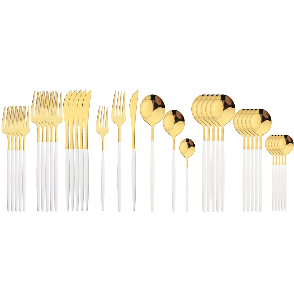 Premium 36-Piece Stainless Steel Silverware Flatware Set - Knife, Fork, Spoon & Teaspoon for Dinner, Dessert & Kitchen Use - Elegant White Gold Cutlery for Dining, Parties & Gifts