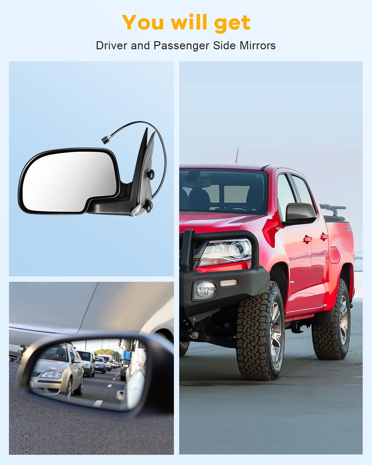 Heated Power-Adjustable Manual Folding Side View Mirrors for 2000-2002 Chevy Avalanche 1500/2500 & Suburban 1500/2500 - Left & Right Exterior Replacement Mirrors - Perfect for Winter Driving & Enhanced Visibility