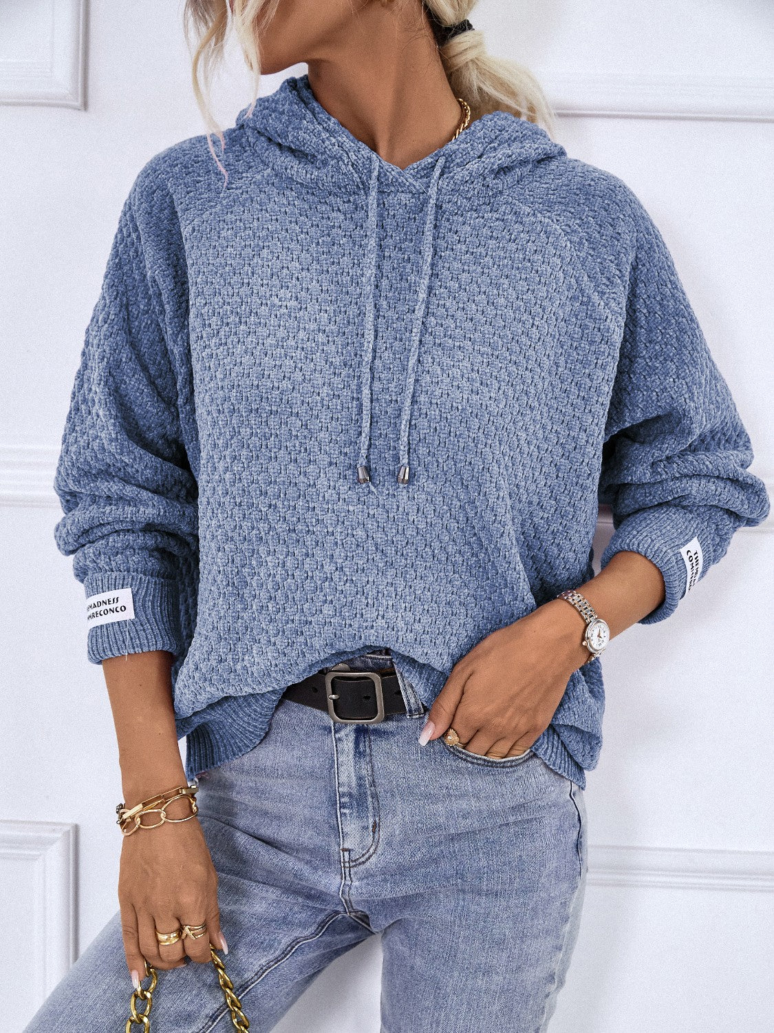 Cozy Textured Drawstring Long Sleeve Hooded Sweater for Women | Fall Winter Pullover | Casual Loungewear & Streetwear Fashion