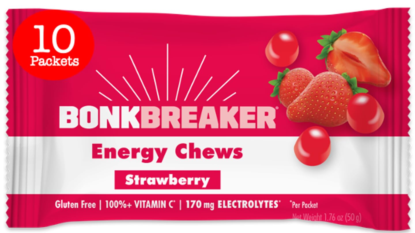Bonk Breaker Energy Chews - Dairy-Free & Gluten-Free Quick Energy Snacks for Athletes, 10 Packets (Strawberry Flavor) - Perfect for Running, Cycling & Outdoor Adventures