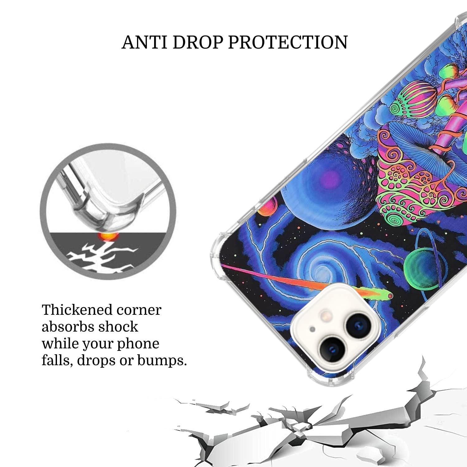 Trippy Mushroom Space Planet iPhone 12 Pro Max Case - Psychedelic Aesthetic TPU Bumper Cover for Women & Men - Trendy Protective Phone Case for Music Festivals, Rave Parties & Unique Style Lovers