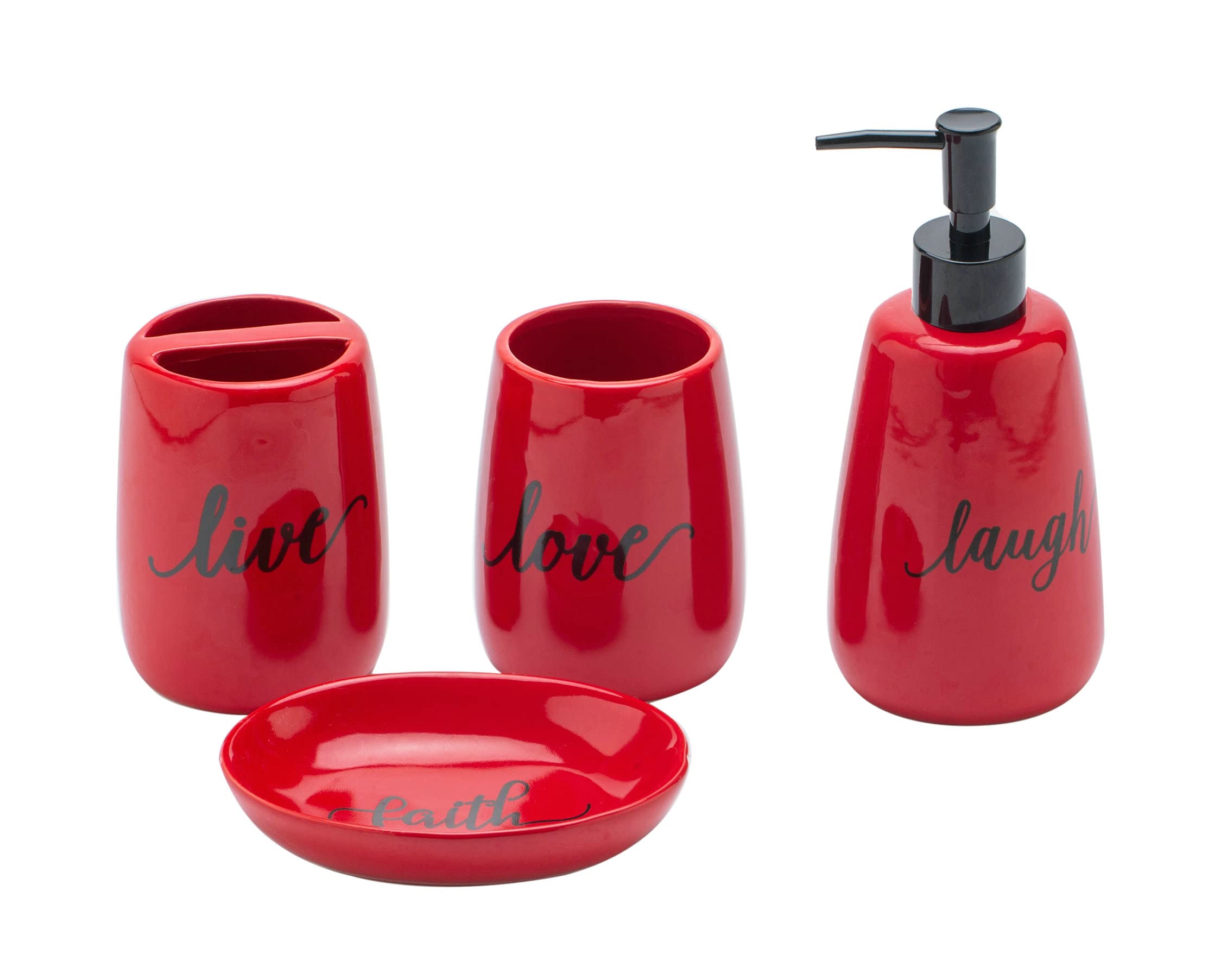 Premium 4-Piece Ceramic Bathroom Accessory Set - Toothbrush Holder, Soap Dispenser, Soap Dish & Tumbler Cup - Navy & Red - Elegant Bathroom Decor & Housewarming Gift for Home, Apartment, Hotel