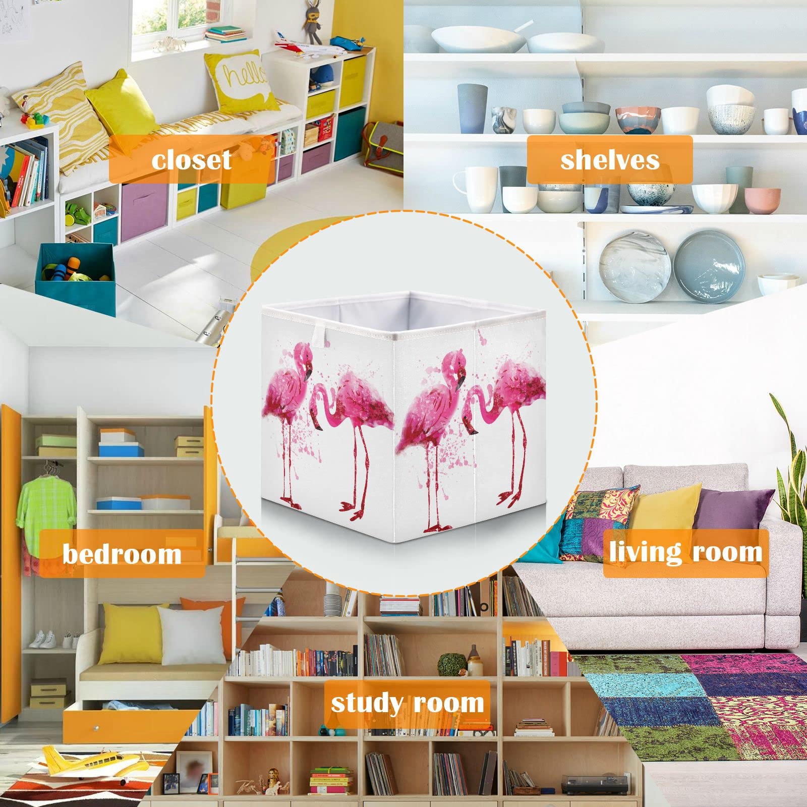 Flamingo Foldable Collapsible Storage Baskets - 16 x 11 Inch Cube Organizer Bins for Shelves | Closet, Pantry, Bathroom & Nursery Toy Storage | Space-Saving Home Organization Solution