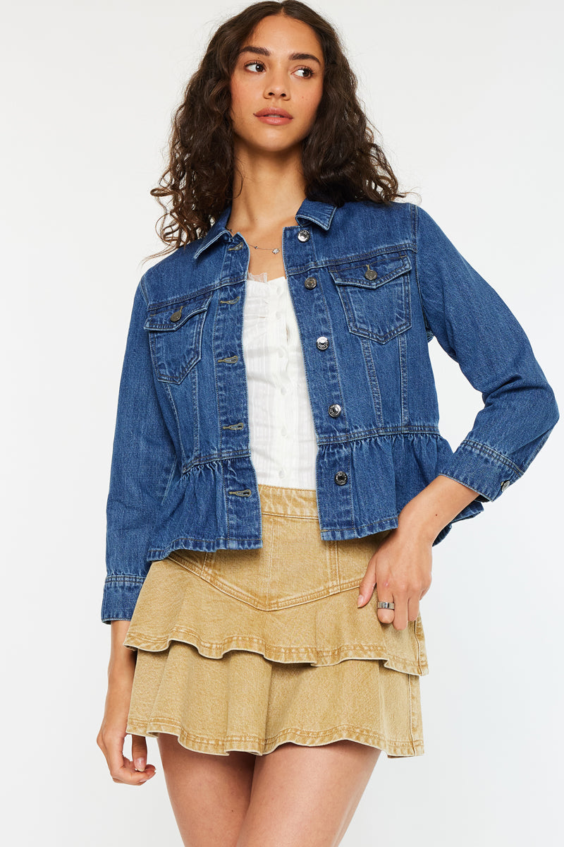 Marilou Peplum Denim Jacket for Women - Stylish Distressed Denim Coat with Ruffled Hem | Perfect for Casual Outings, Date Nights & Spring Layering