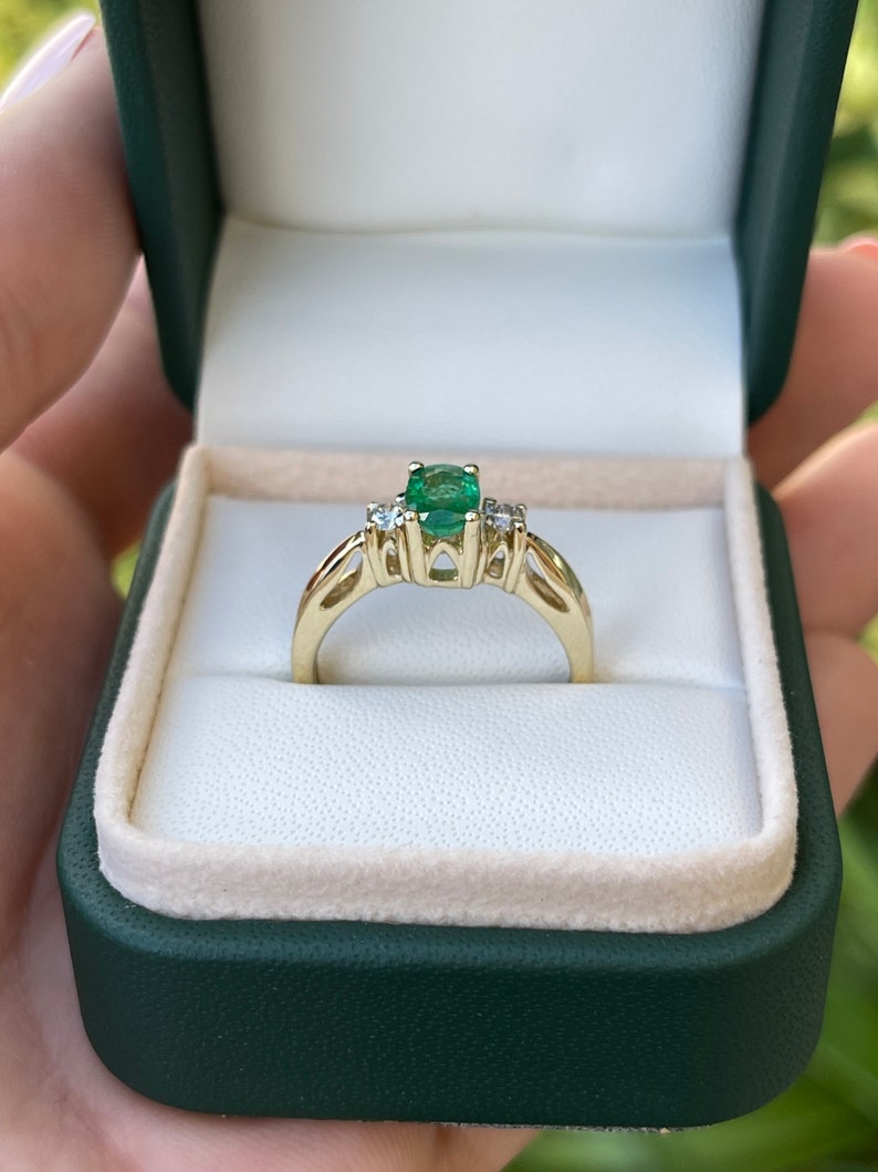 1.34tcw Natural Medium Dark Vivid Green Emerald & Diamond Three Stone Ring in 14K Gold - Elegant Engagement, Anniversary Gift for Her