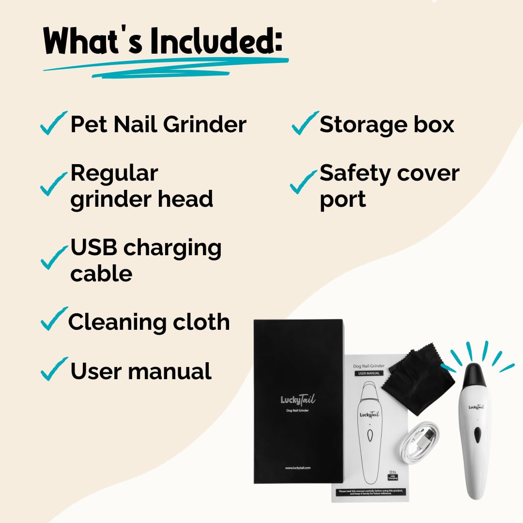 LuckyTail Quiet Electric Pet Nail Grinder for Dogs & Cats - Low Vibration USB Rechargeable Cordless Nail Trimmer with 2 LED Lights & 2 Speed Settings - Perfect for Small to Large Pets at Home Grooming & Professional Use