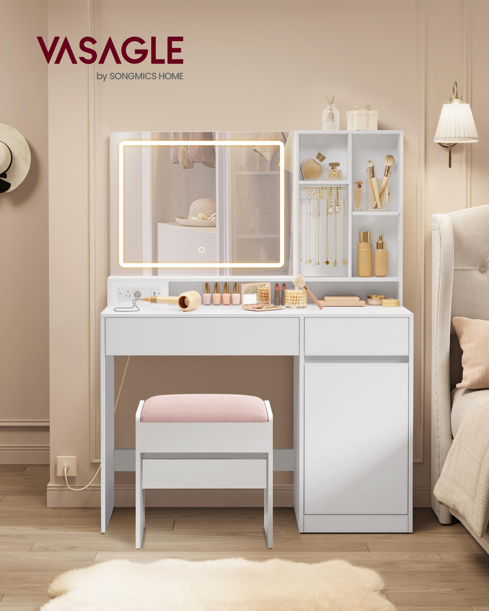 VASAGLE 43.3-Inch Vanity Desk with LED Mirror, Power Outlets & Stool - Adjustable Shelves, Jewelry Storage Drawers - Cloud White Makeup Dressing Table for Bedroom, Home Decor & Beauty Routine