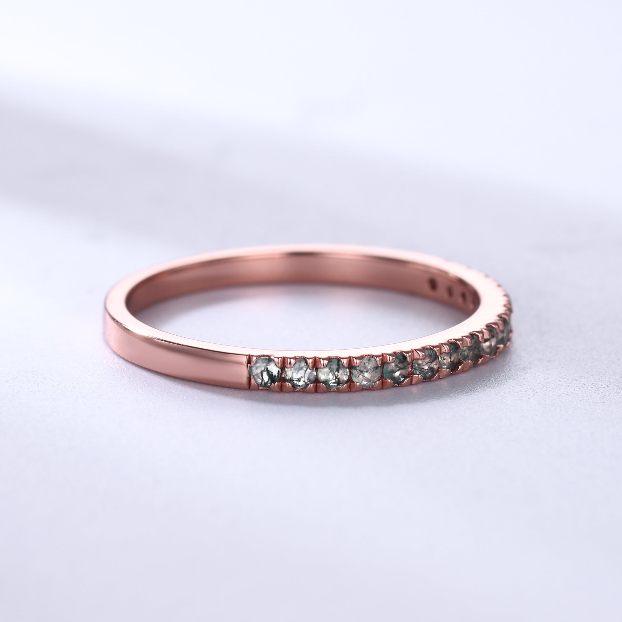 Green Moss Agate Wedding Band Ring - 2mm Rose Gold Half Eternity Petite Stackable Ring for Women | Perfect for Engagement, Anniversary Gift & Everyday Wear
