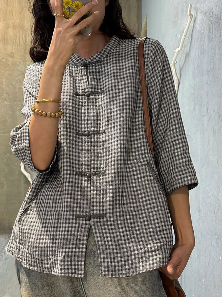 Plus Size Women's Retro Plaid Summer Cotton Button Up Shirt - Casual & Stylish Blouse for Work, Vacation and Everyday Wear