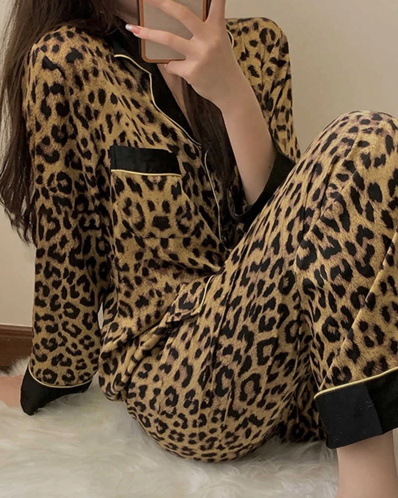 Luxury Wide Hem Leopard Print Silk Pajama Set for Women - Soft & Comfortable Sleepwear for Nighttime Relaxation and Lounging at Home