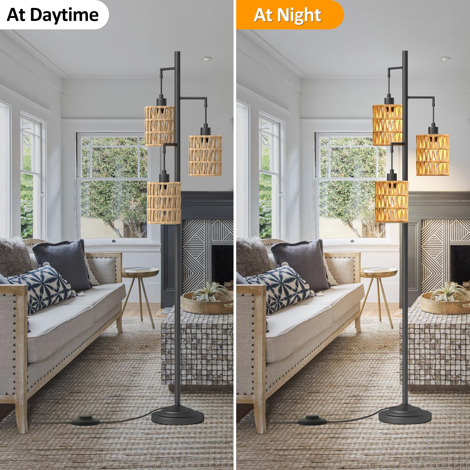 CNXIN 3-Light Boho Rattan Floor Lamp with Wood Lampshades & Foot Switch - 6W Bulbs Included - Tall Standing Tree Lamp for Living Room, Bedroom, Office - Perfect for Cozy Reading Nooks & Relaxing Spaces