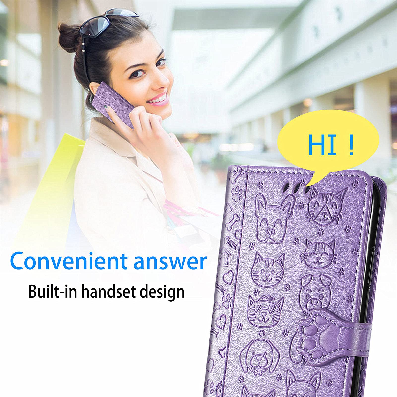 Cute Cartoon Cat Dog Pattern PU Leather Wallet Phone Case for Samsung Galaxy A03 Core - Magnetic Clasp, Cash & Card Slots Holder (Purple) - Perfect for Daily Use, Travel, and Hands-Free Convenience