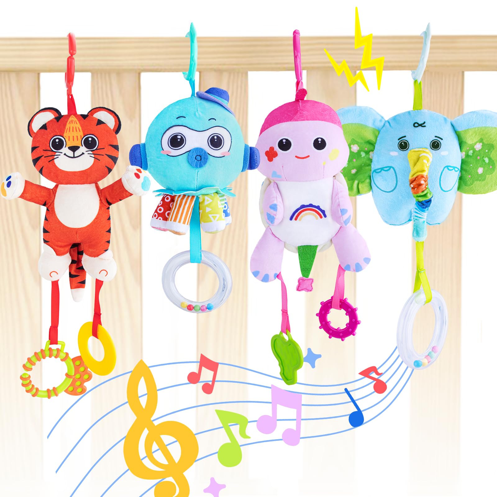 TeyToy Soft Plush Animal Hanging Baby Toys with Rattles, Teether & Squeaker - Early Development Stroller & Car Toys for Newborns 3-12 Months | Perfect Infant Birthday Gifts & Nursery Decor for Boys Girls