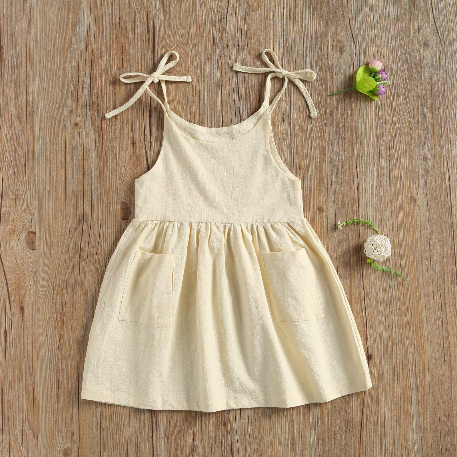 **Toddler Baby Girls Cotton Linen Strappy Tunic Dress with Pocket - Casual Swing Sundress for Summer, Beach, Party & Princess Play**    **使用场景:** Perfect for summer outings, beach vacations, birthday parties, princess-themed events, and everyday casual wear.
