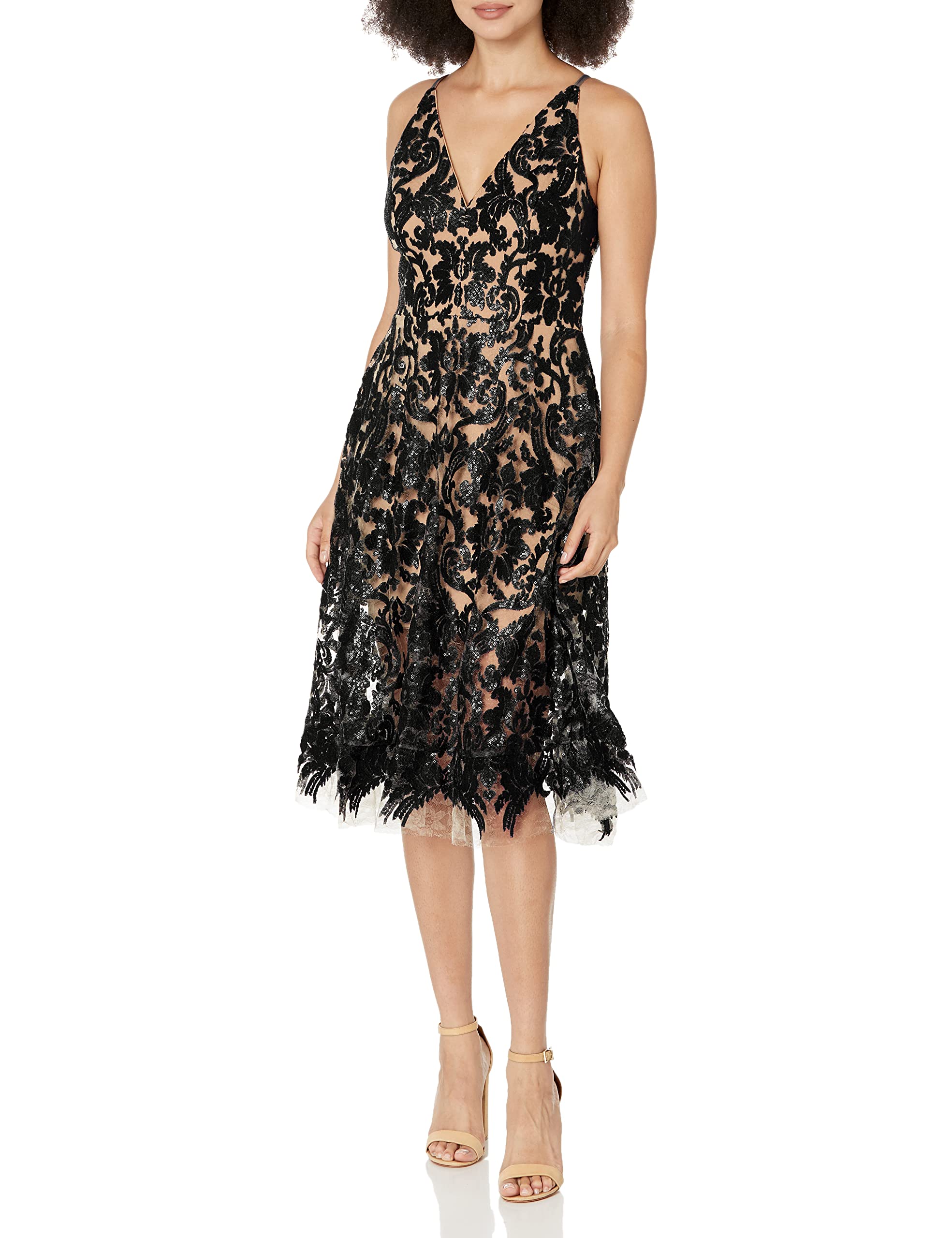 Dress the Population Women's Blair Plunging V-Neck Fit & Flare Midi Dress - Elegant Cocktail Party & Wedding Guest Dress