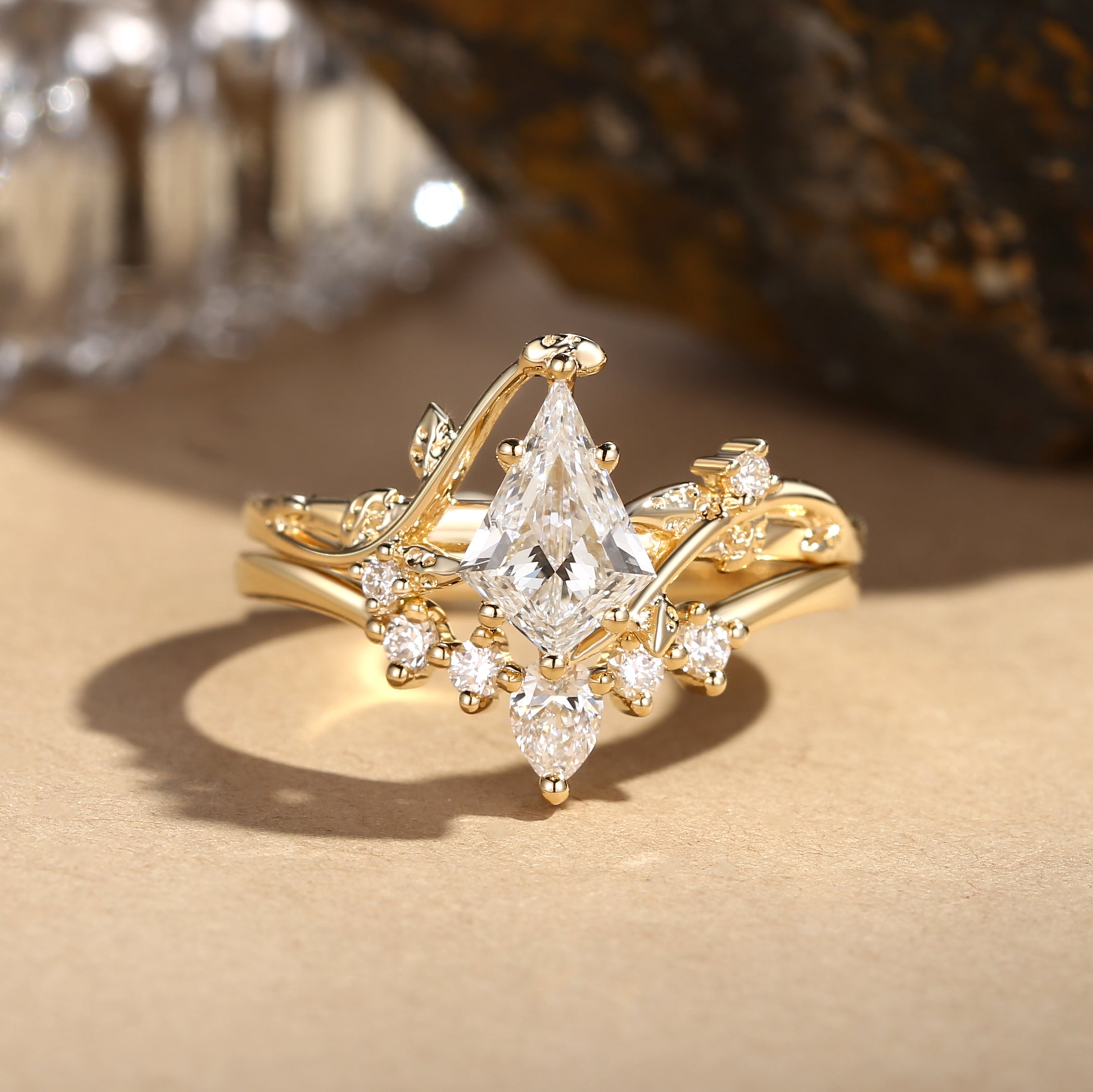 1.0ct Kite-Shaped Lab Grown Diamond Leaf Ring Set - 2 Piece Willow Design for Women | Elegant Nature-Inspired Jewelry for Weddings, Anniversaries & Special Occasions