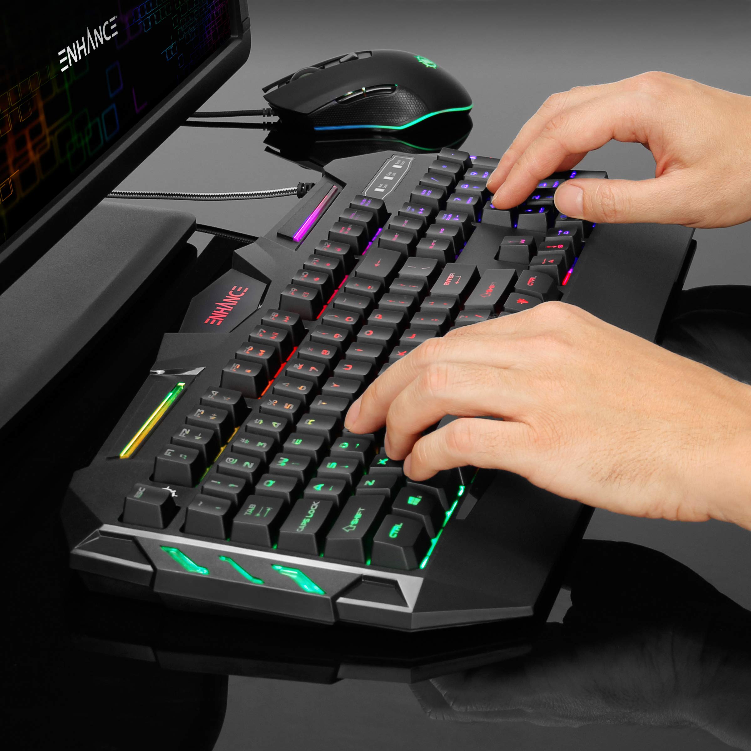 ENHANCE Infiltrate KL1 RGB LED Gaming Keyboard - 19 Key Rollover, Anti-Ghosting, Spill-Resistant Design with USB Braided Cable - Perfect for PC, Mac, PS4, Xbox Gaming & Office Work