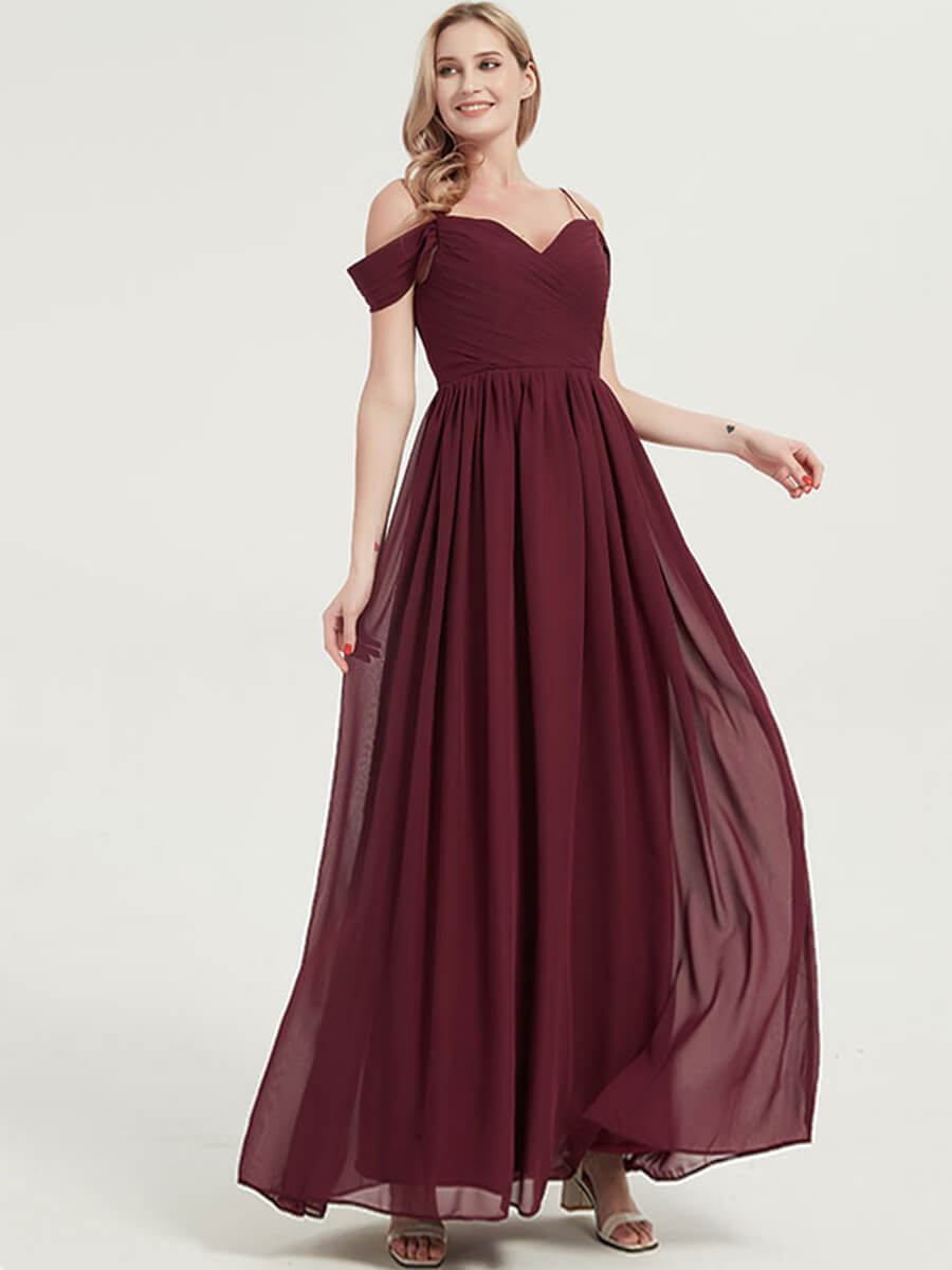 Elegant Burgundy Cold Shoulder Spaghetti Strap Pleated Chiffon Bridesmaid Dress for Weddings, Parties & Formal Events - Plus Size Options Available