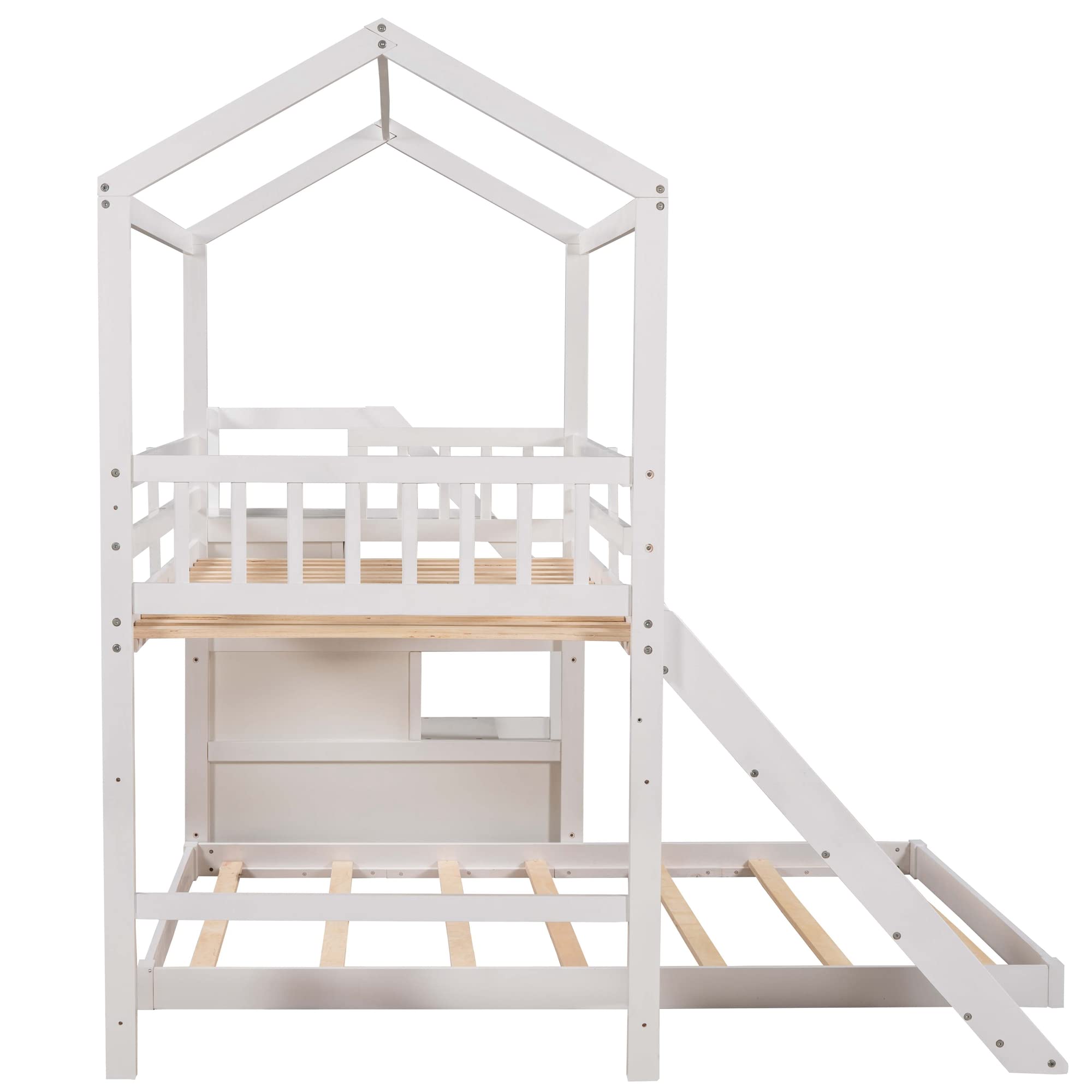 LZ LEISURE ZONE Twin Over Full Bunk Bed with Slide & Storage Stairs - Convertible Wooden House Bunk Bed Frame for Kids, Teens & Adults - Safe Full-Length Guardrail - Perfect for Small Bedrooms, Guest Rooms & Vacation Homes (White)