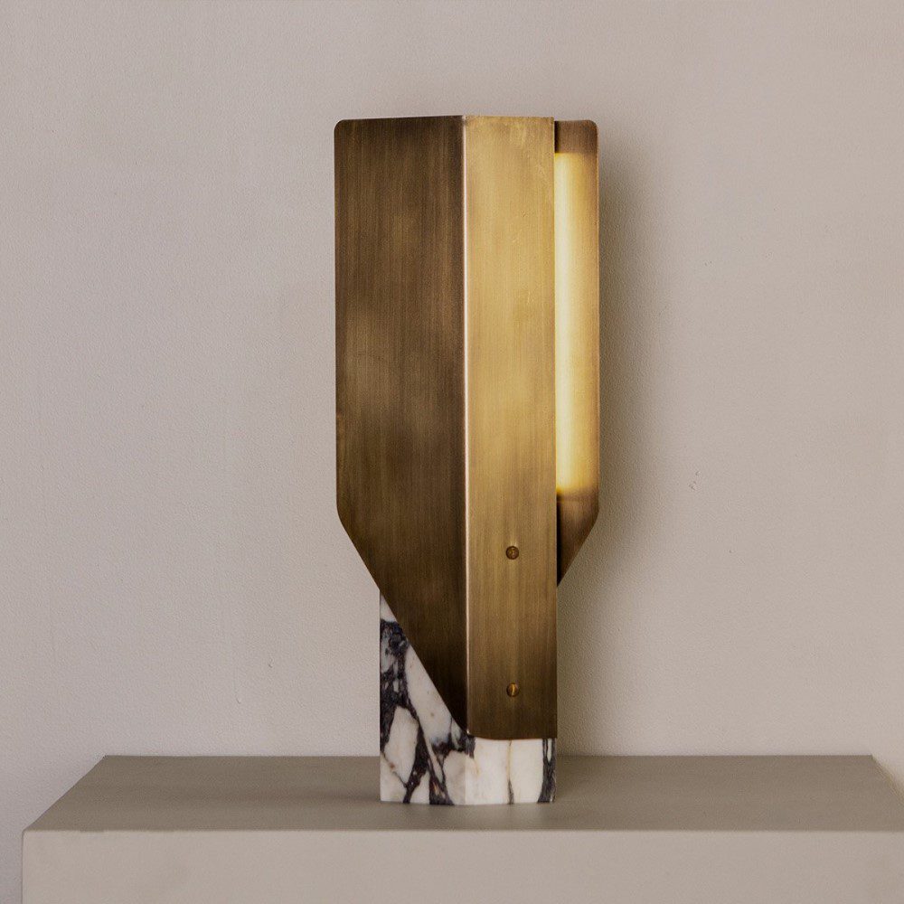 PRE ORDER BEN TOVIM DESIGN Fold Table Lamp - Calacatta Viola Marble with Bronze Patina Finish | Modern Home Office & Bedside Lighting Decor