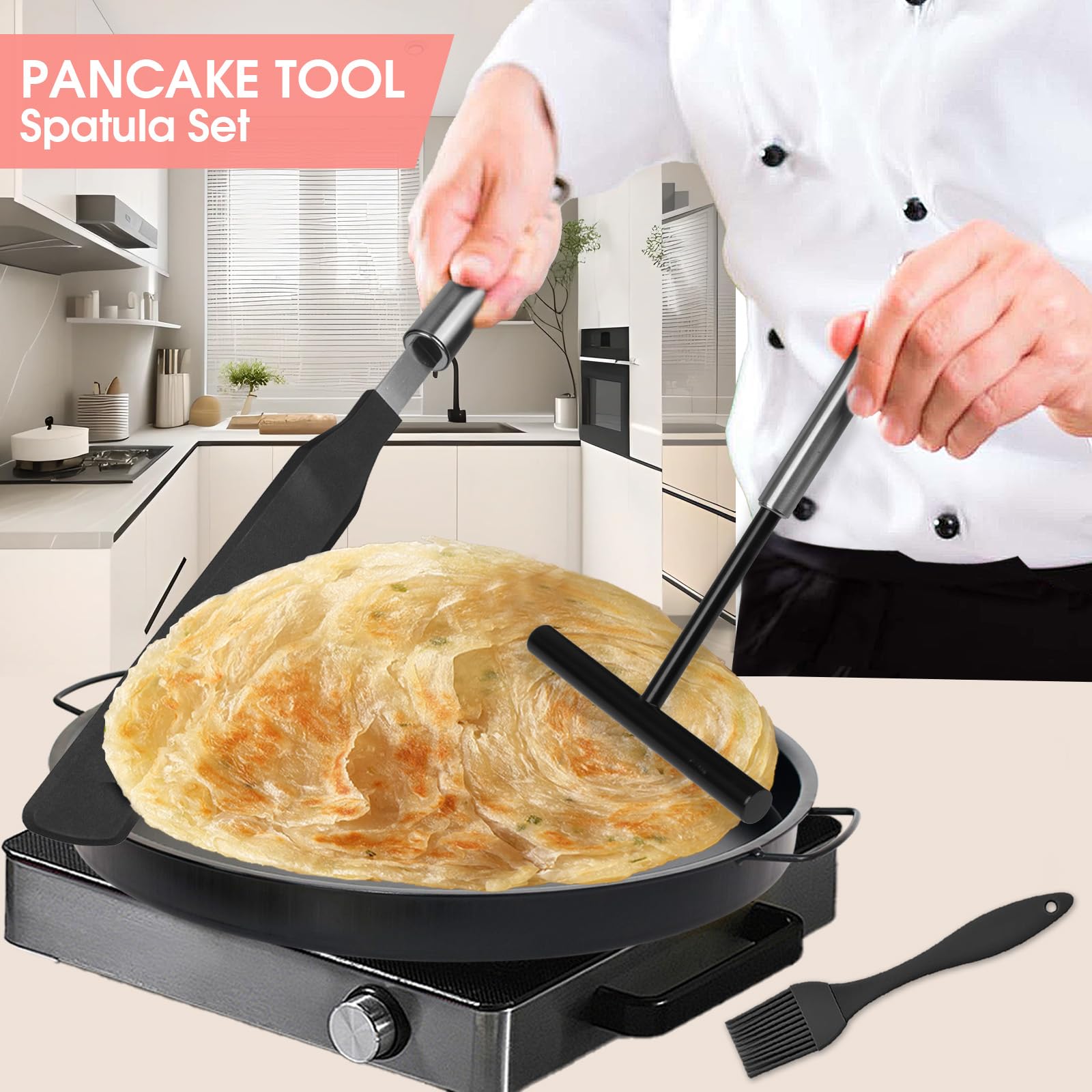 GOTFUN 3-Piece Crepe Maker Set - Stainless Steel Crepe Spreader & Turner with Silicone Brush - Professional Crepe Tools for Perfect Pancakes, Crepes, and Desserts - Ideal for Home Kitchen and Breakfast Restaurants