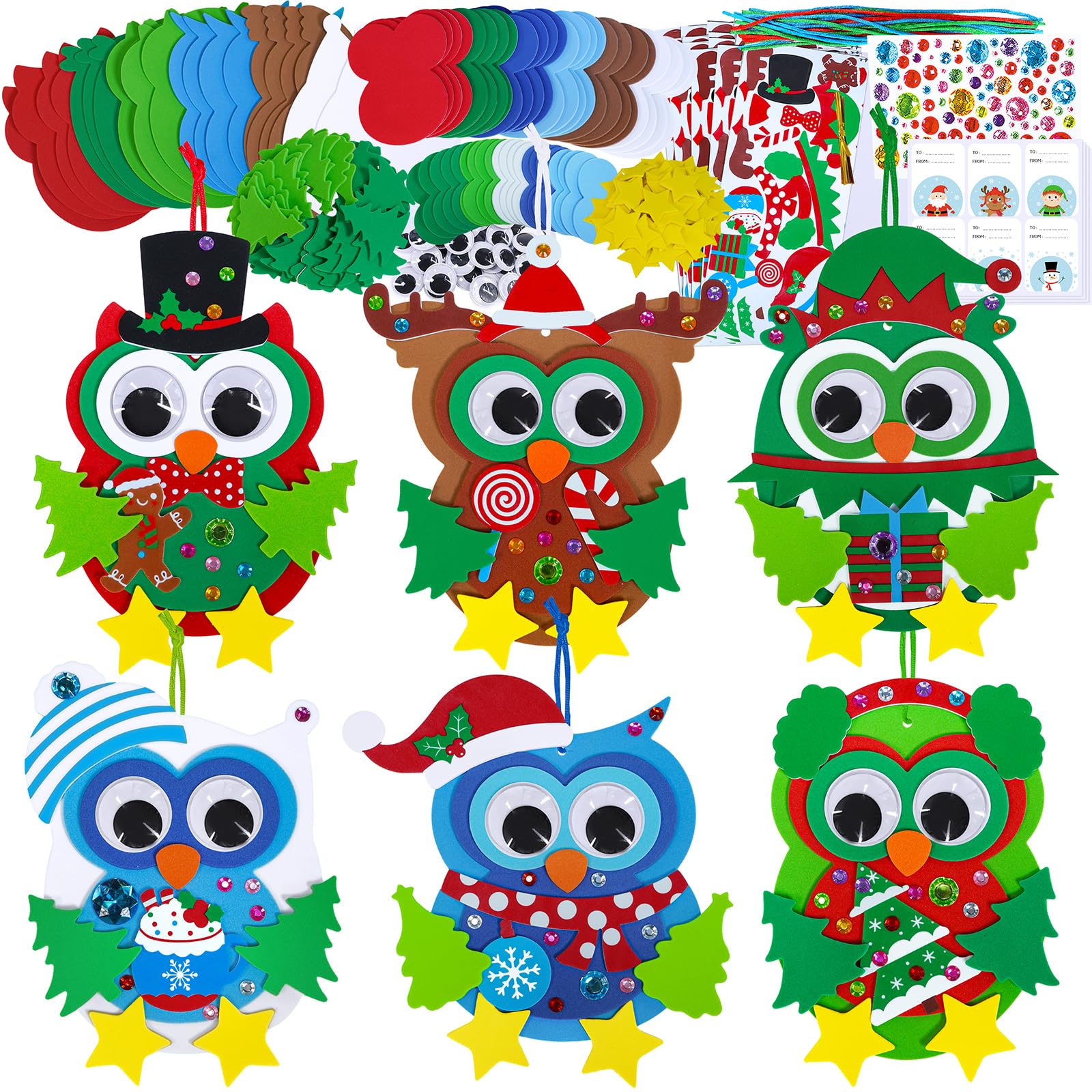 Winlyn 24 Sets Christmas Craft Kits - DIY Foam Owl Ornaments & Holiday Stickers for Kids, Winter Crafts, Christmas Tree Decorations - Perfect for Home, Classroom Activities & Holiday Party Favors
