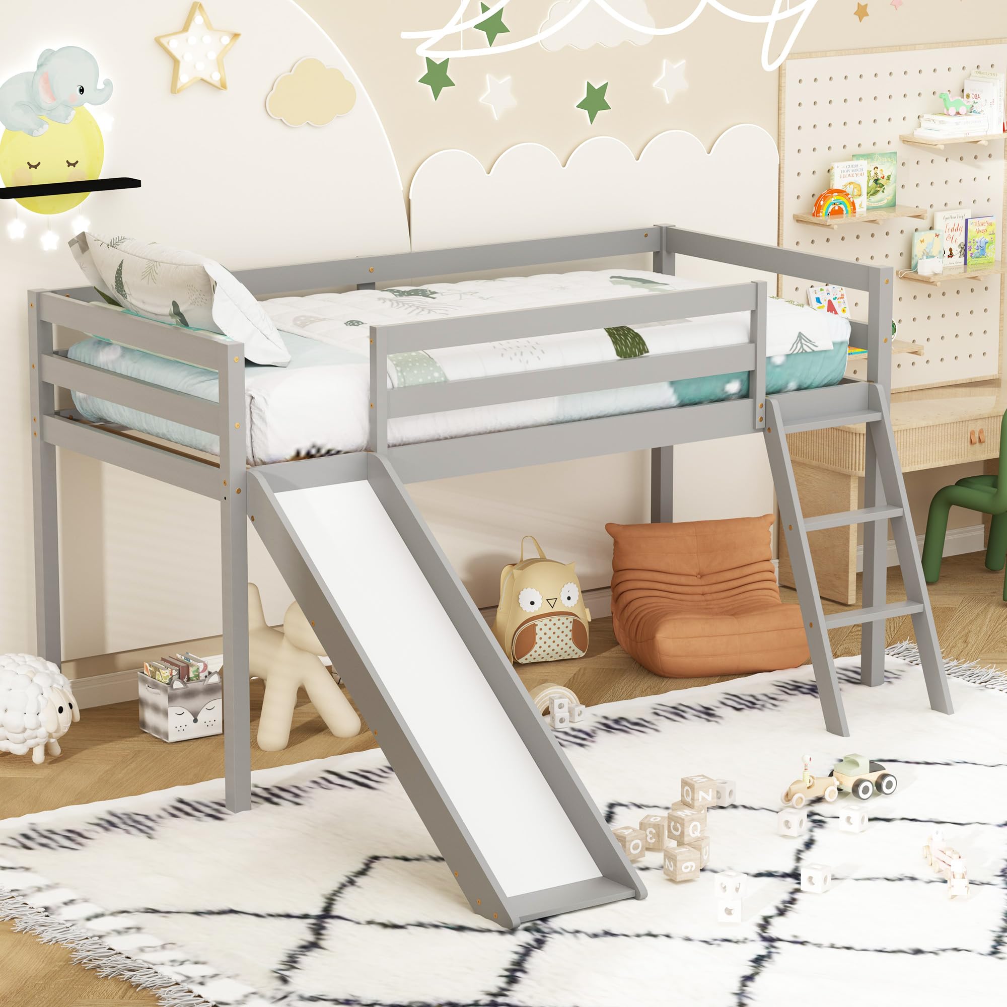 Xilingol Low Loft Bed with Slide - Wooden Twin Bed Frame with Climbing Ladder for Toddlers & Kids - Space-Saving Grey Kids Bed for Small Rooms - Perfect for Playrooms, Bedrooms & Daycare Centers