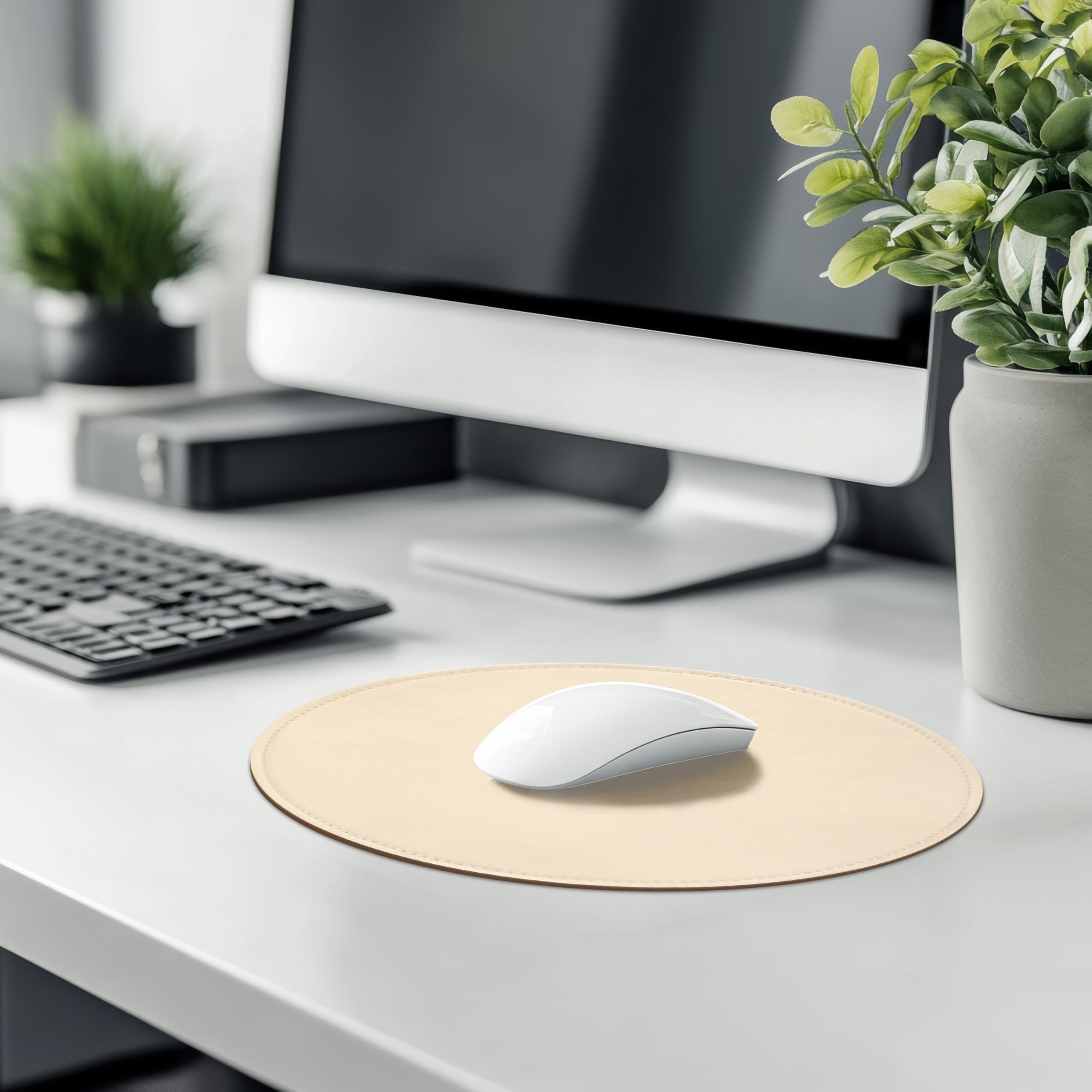 Premium Round PU Leather Mouse Pad with Stitched Edge & Non-Slip Micro-Fiber Base - Waterproof Computer & Laptop Mouse Mat (9x9 Inch, Milky White) - Ideal for Office, Gaming & Home Workspace Setup