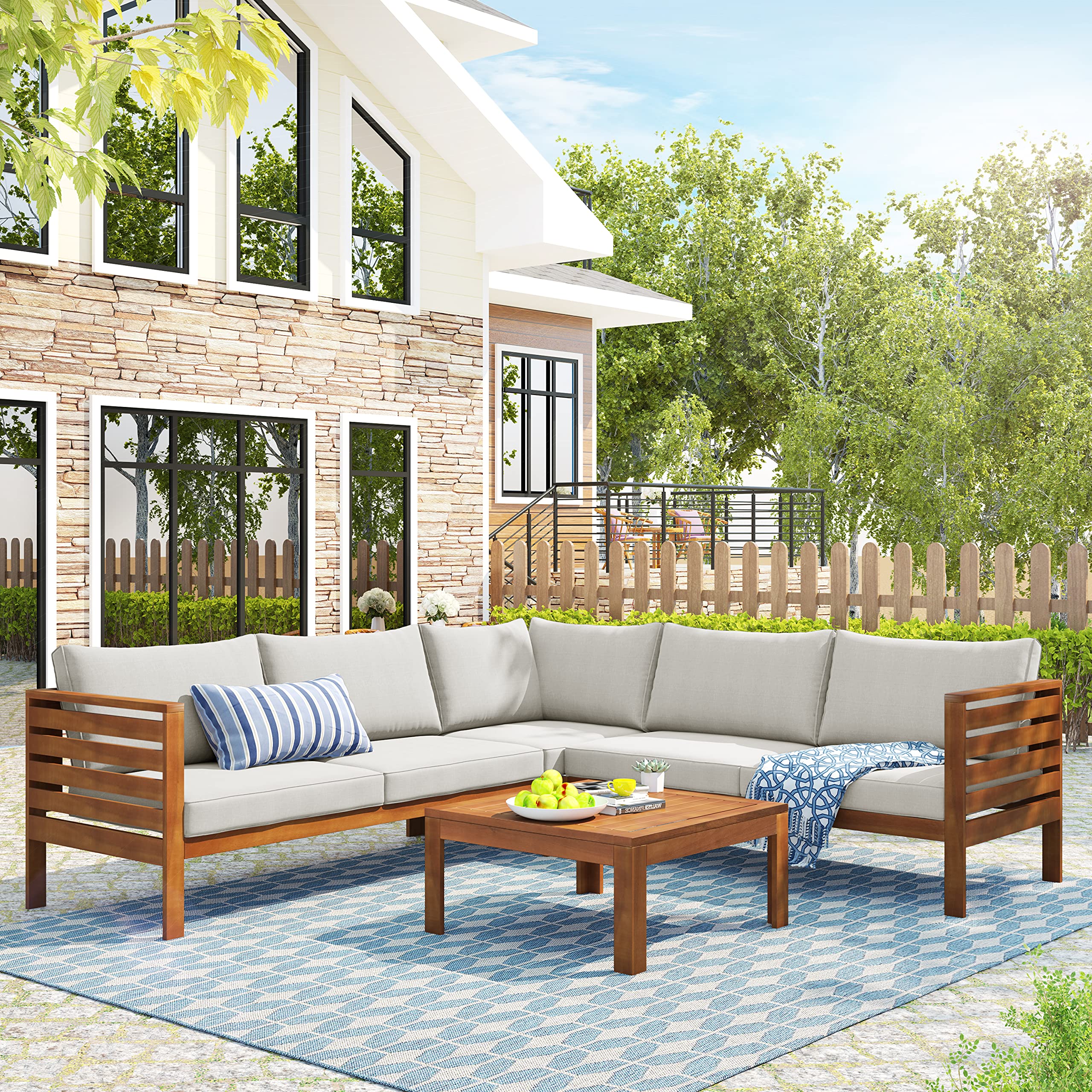 4-Piece Outdoor Patio Furniture Set - Wooden Sectional Sofa with Cushions & Coffee Table - Waterproof Conversation Set for Garden, Backyard, Deck & Indoor Use