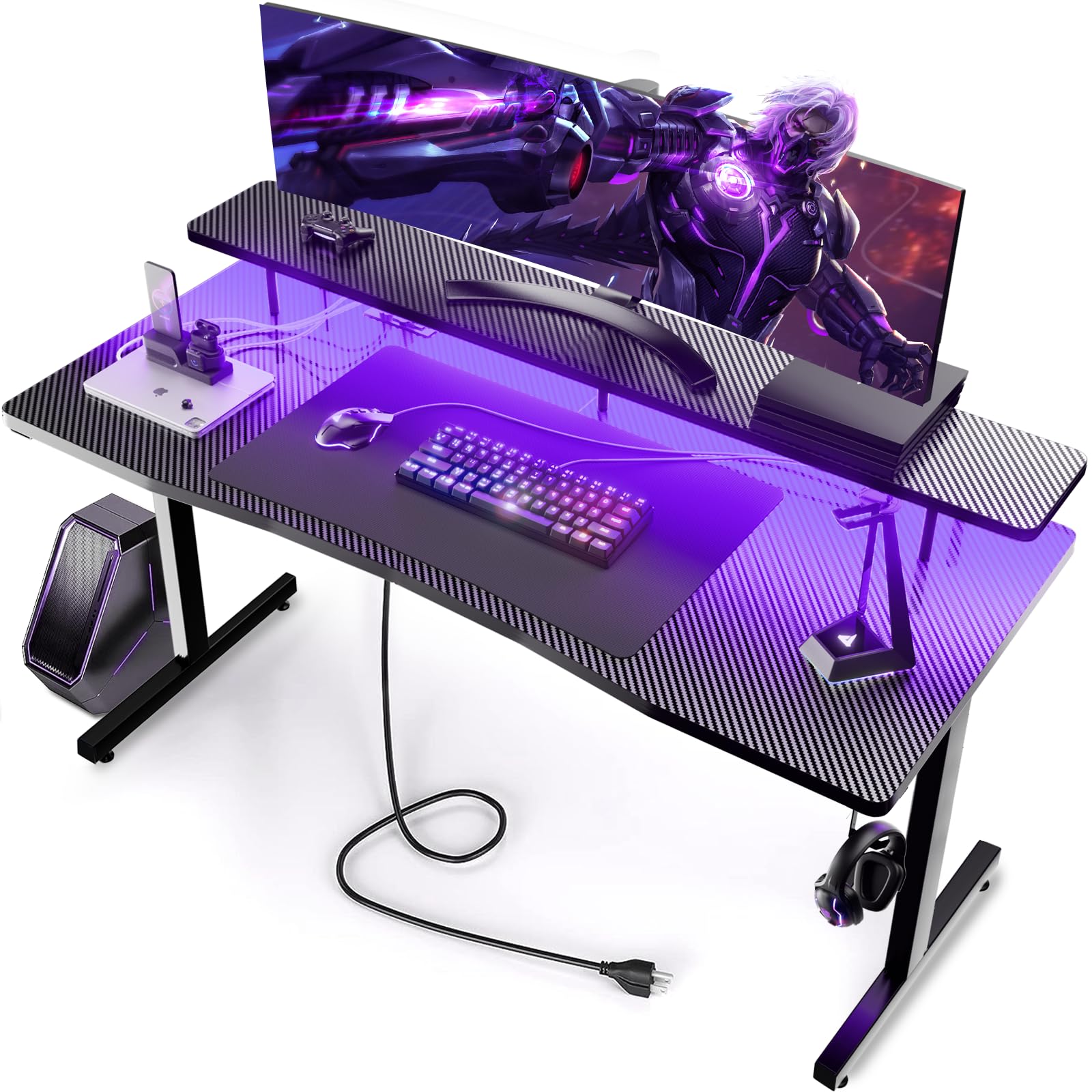 GTRACING 55 Inch LED Gaming Desk with Monitor Stand - Ergonomic Carbon Fiber Surface Computer Desk with RGB Mouse Pad for Home Office & Gaming Setup | Perfect for PC Gamers, Streamers & Remote Workers