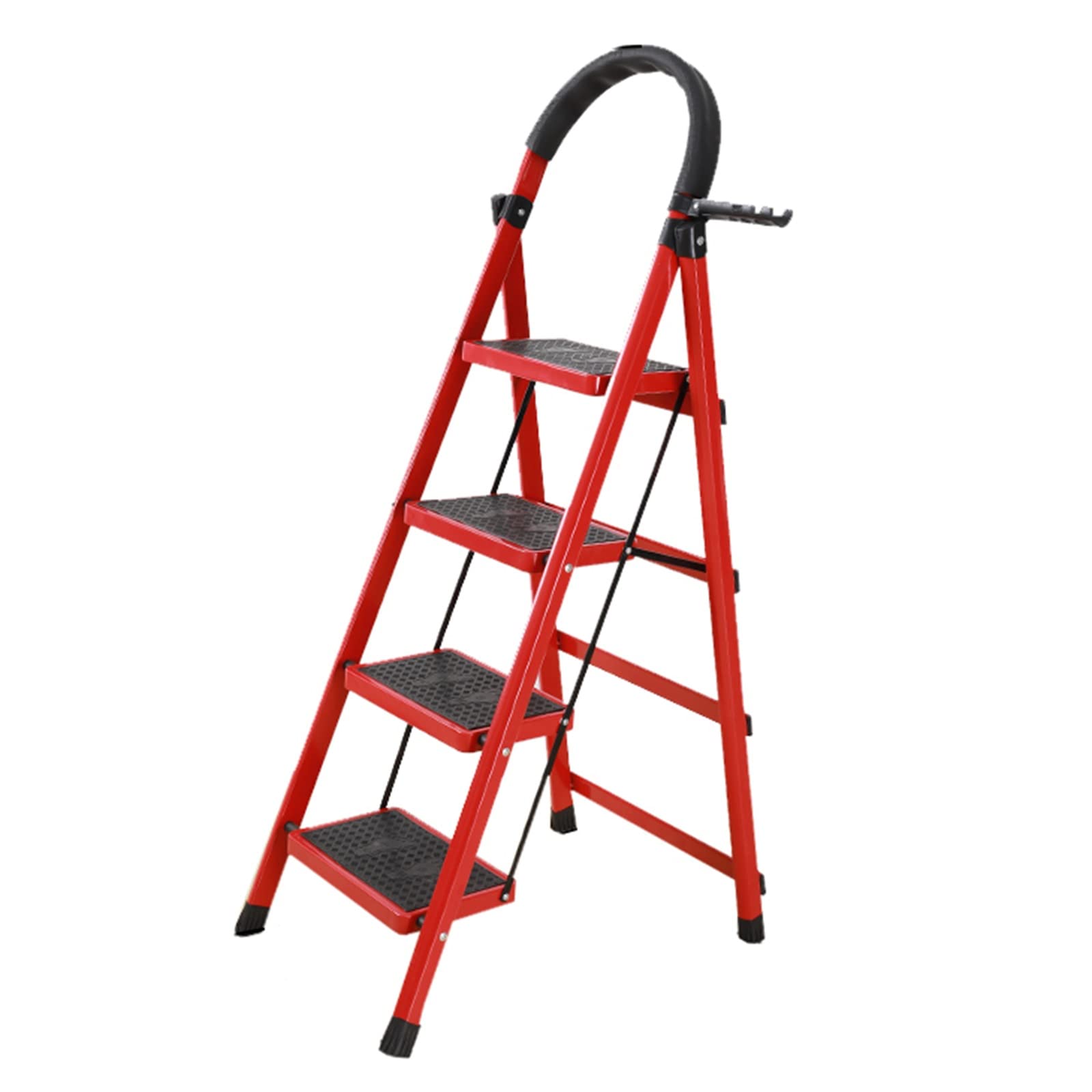 Foldable Herringbone Step Ladder - 4 Step Aluminum Alloy Safety Ladder with Upgraded Pedal Buckle, Portable for Indoor Use (Red) - Perfect for Home, Office, and Warehouse Storage Access