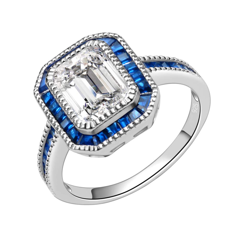925 Sterling Silver Spinel & CZ Halo Engagement Ring | Clear & Blue Gemstone Wedding Band | Size 5-10 | Perfect for Proposals, Anniversaries & Bridal Jewelry