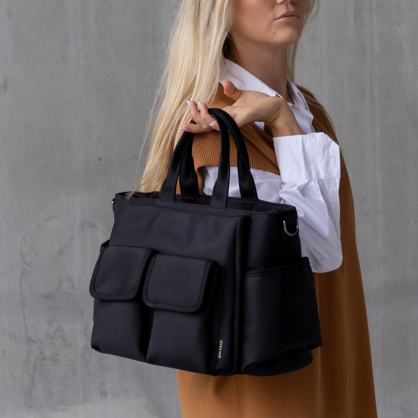 Stylish Black Nylon Multi-Pocket Tote Bag for Women - Spacious Everyday Carryall with Multiple Compartments - Perfect for Work, Travel, Shopping & Gym