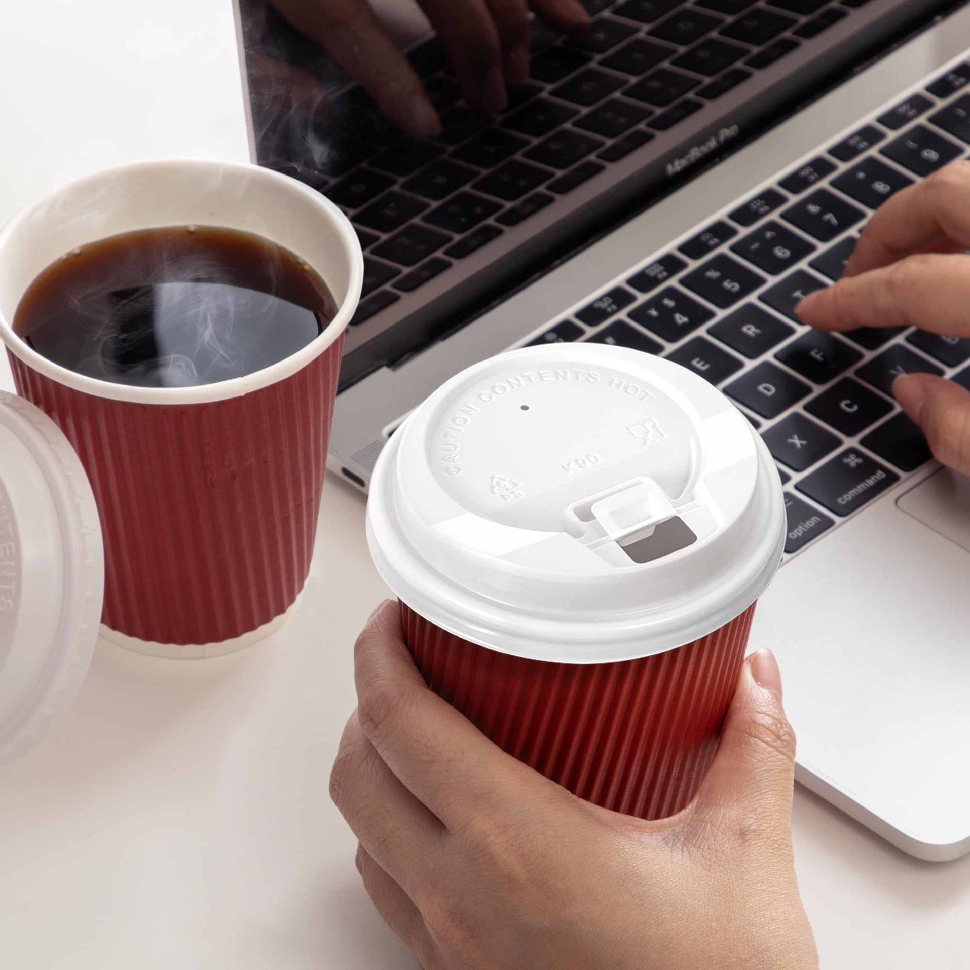 50 Pack 8 oz Disposable Coffee Cups with Lids & Stirrers - Triple Wall Insulated Hot Drink Cups for Coffee, Tea, Cocoa - Perfect for Office, Cafes, Parties & Holiday Gatherings (Red Cups with White Lids)