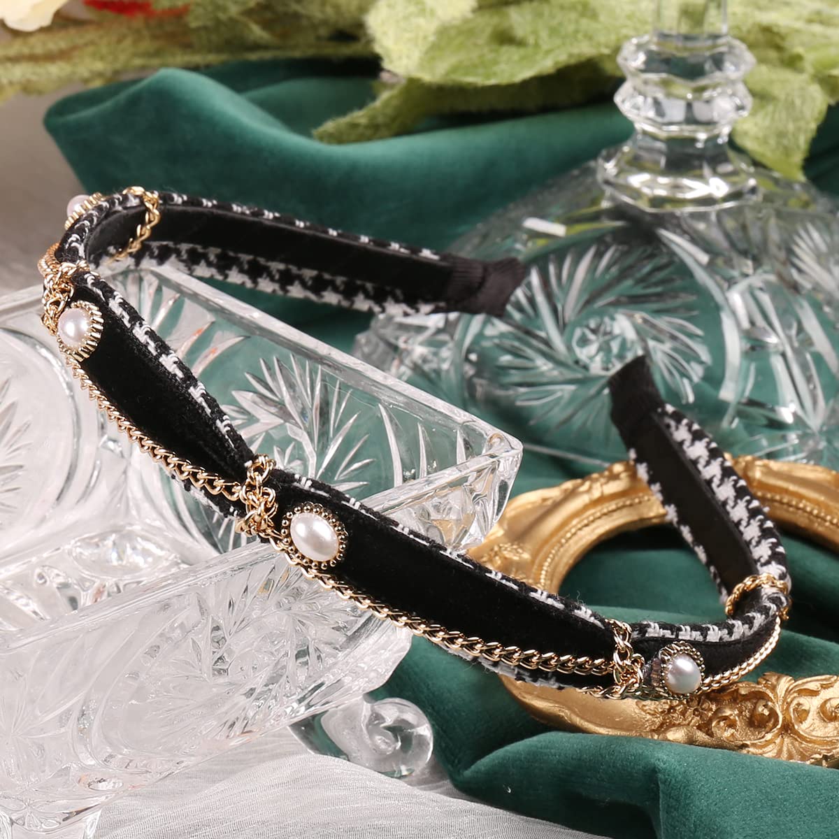 YARN & INK Women's Fashion Headband with Gold Chain & Pearls - Non-Slip Hair Accessory for Women & Girls - Perfect for Holiday Parties, Christmas Gifts & Special Occasions