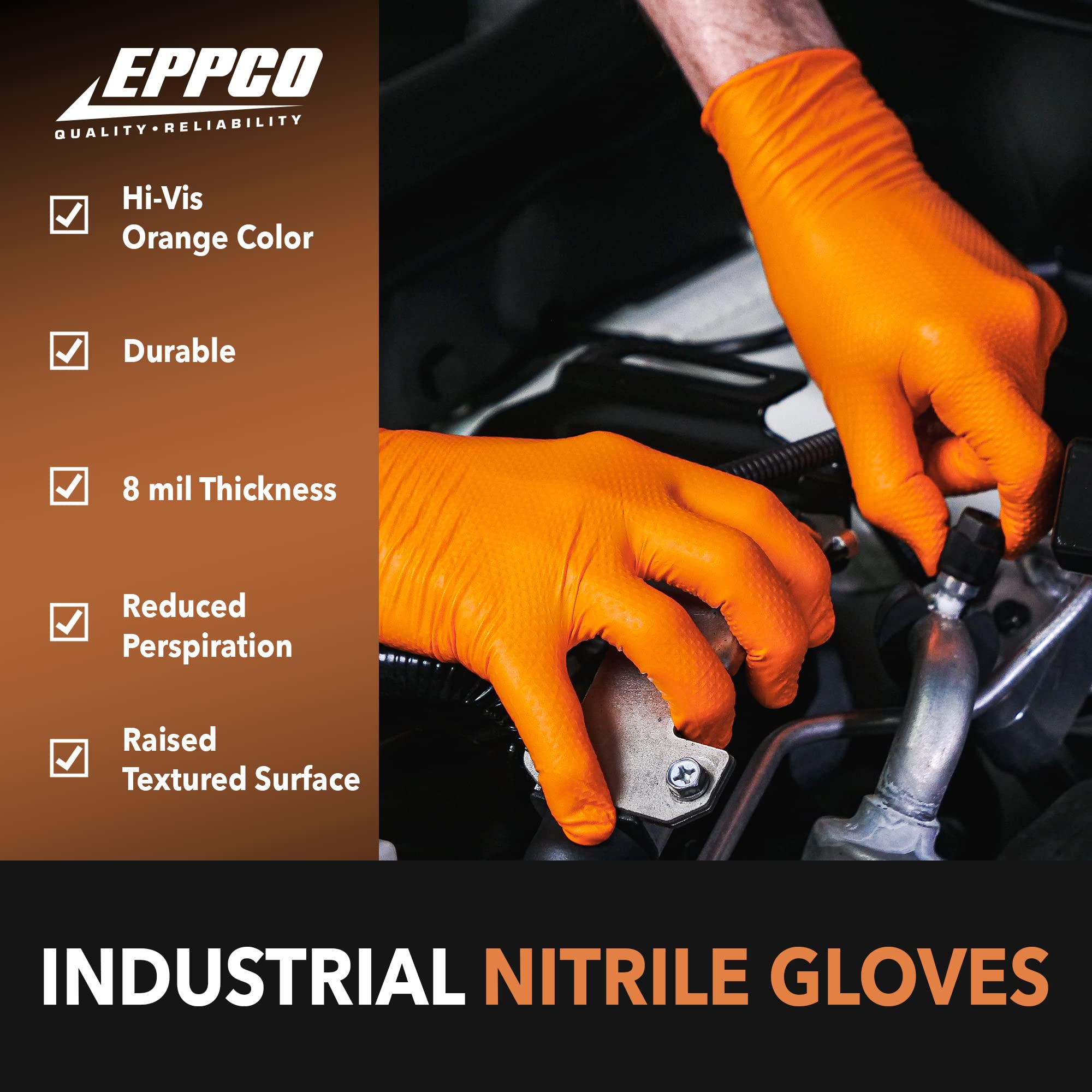 EPPCO TigerGrip 8-Mil Nitrile Gloves - Latex Free, Powder-Free, Textured Grip, Disposable Orange Safety Gloves for Food Handling, Medical Use & Cleaning