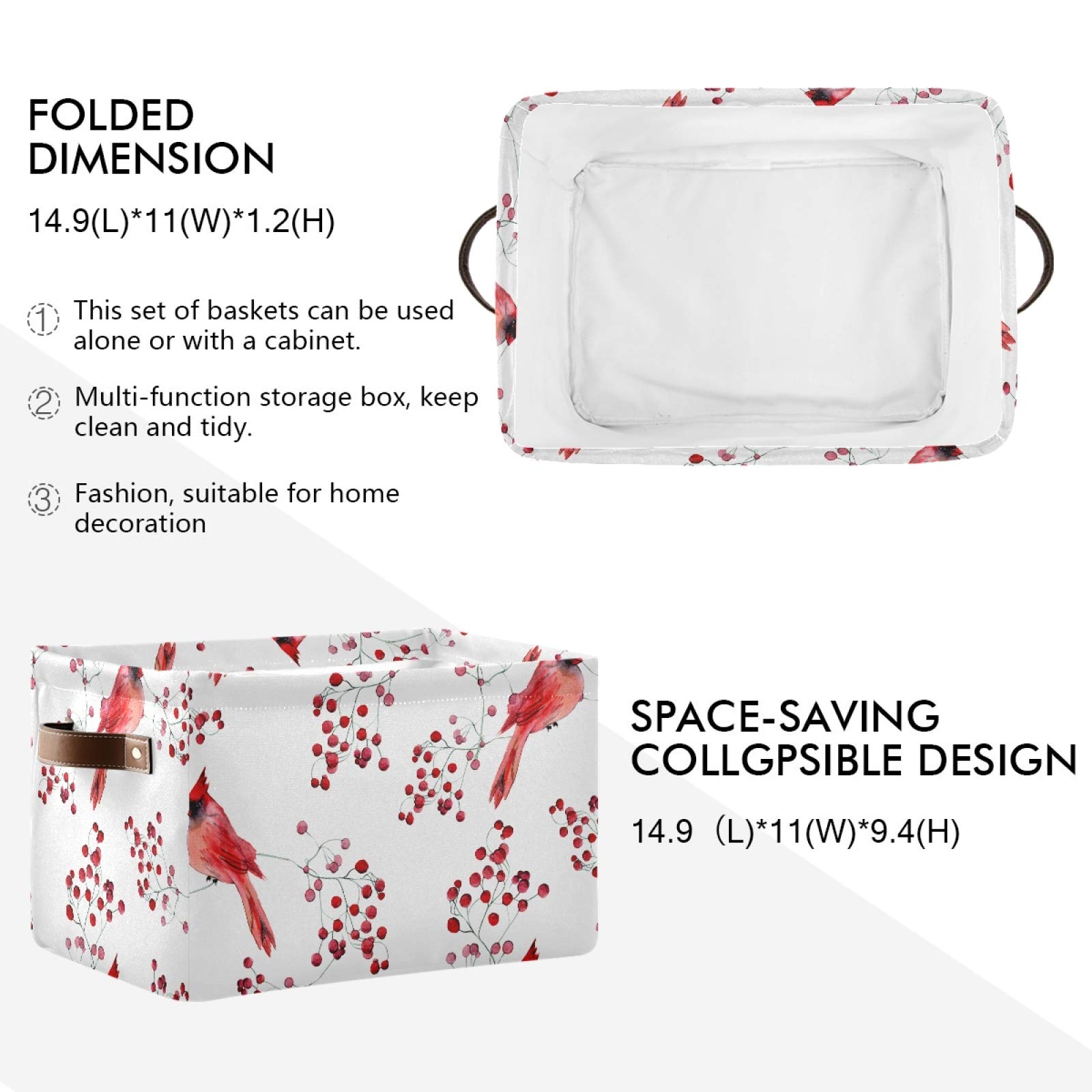 Susiyo Large Foldable Storage Bin - Winter Cardinal Birds Fabric Collapsible Basket with PU Handles | 2-Pack Organizer for Shelves, Closet, Bedroom & Living Room | Perfect for Seasonal Decor, Toy Storage & Home Organization