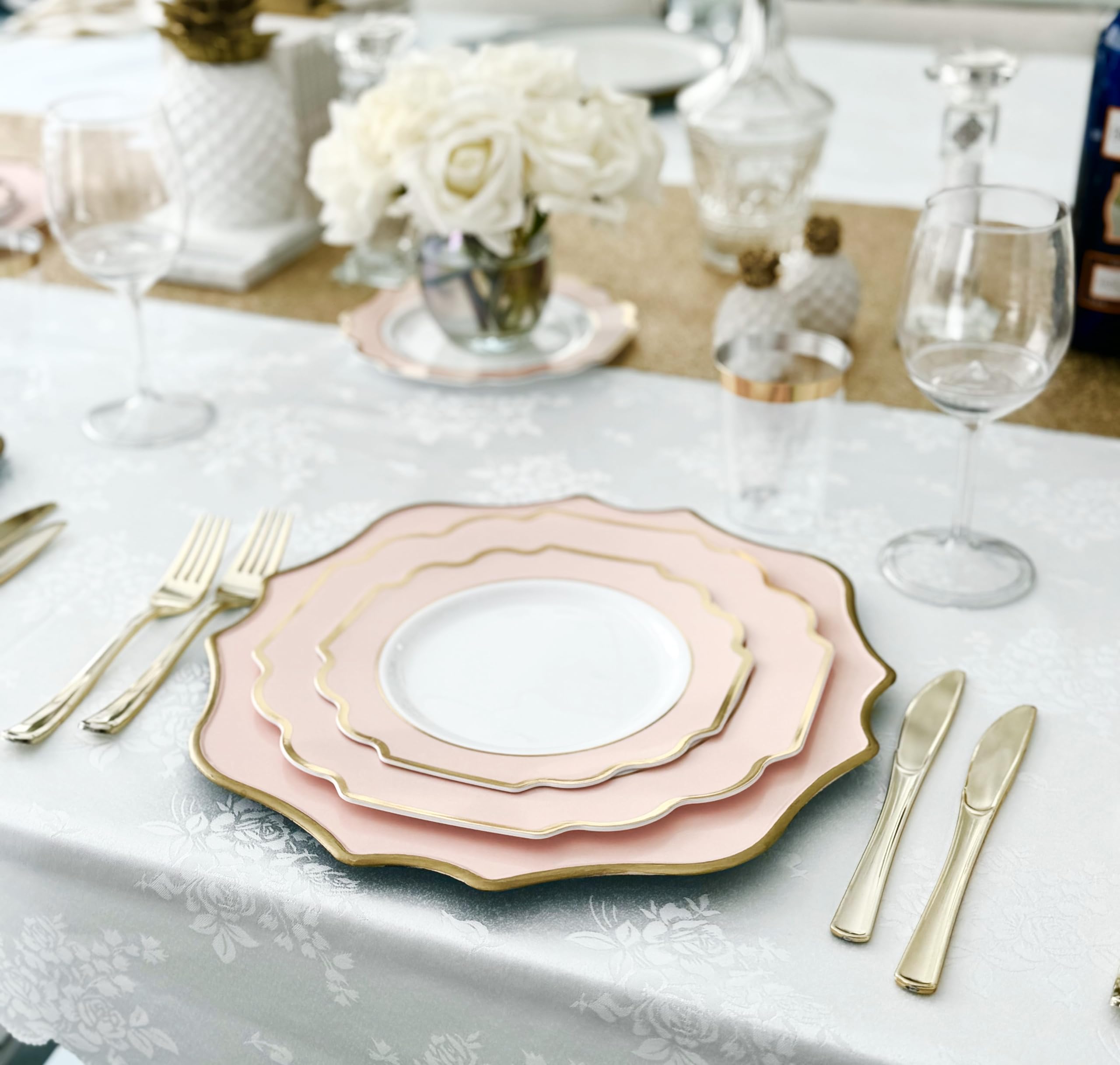 60 Heavyweight Disposable Plastic Plates 10.5 Inch - Elegant Imperial Blush & Gold for Wedding, Party, Birthday Celebrations - Premium Dinnerware for Special Occasions & Events