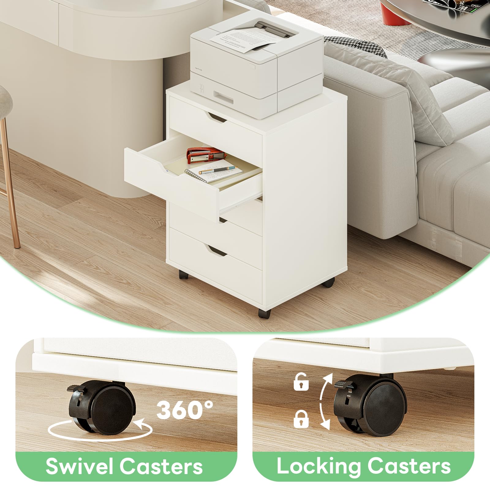 MAXTOWN 5-Drawer Rolling Storage Dresser Cabinet with Wheels - White Under Desk Organizer for Home Office, Bedroom & Dorm - Perfect for Files, Stationery & Clothes Storage