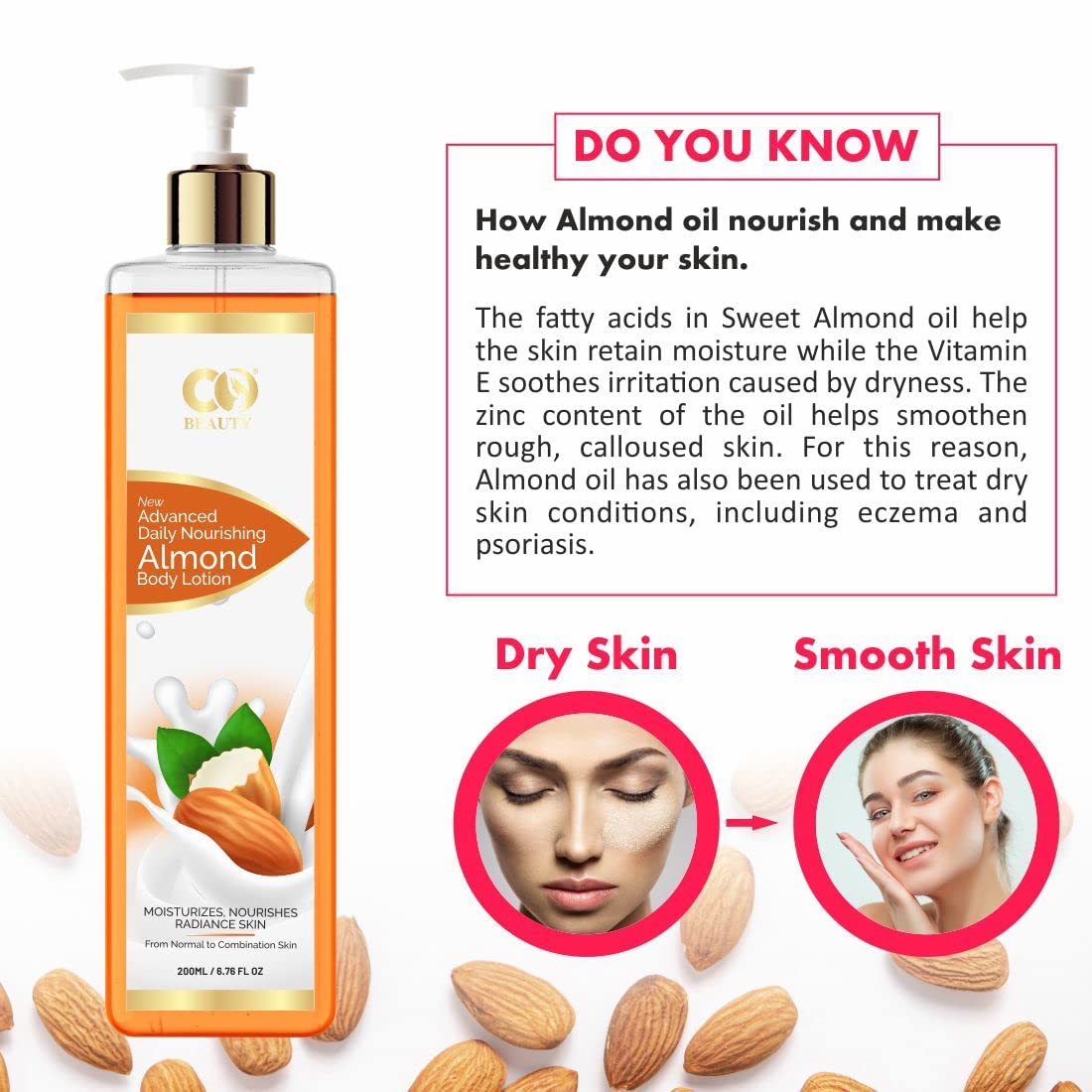 CO Beauty Deep Nourishing Almond Body Lotion - 200ml | Vitamin E Enriched Hydrating Body Cream with Avocado & Castor Oil | Non-Greasy, Paraben & SLS Free Moisturizer | Perfect for Dry Skin Care & Daily Hydration