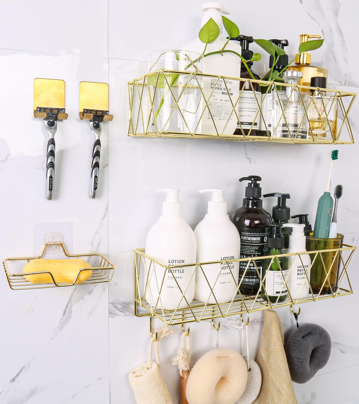5-Pack Gold Shower Caddy - Rustproof Stainless Steel Bathroom Organizer with Soap Holder & 2 Razor Hooks - Wall Mounted Shelves & Adhesive Rack - Large Capacity Storage Basket - Perfect for Shower, Bathroom & Dorm Decor