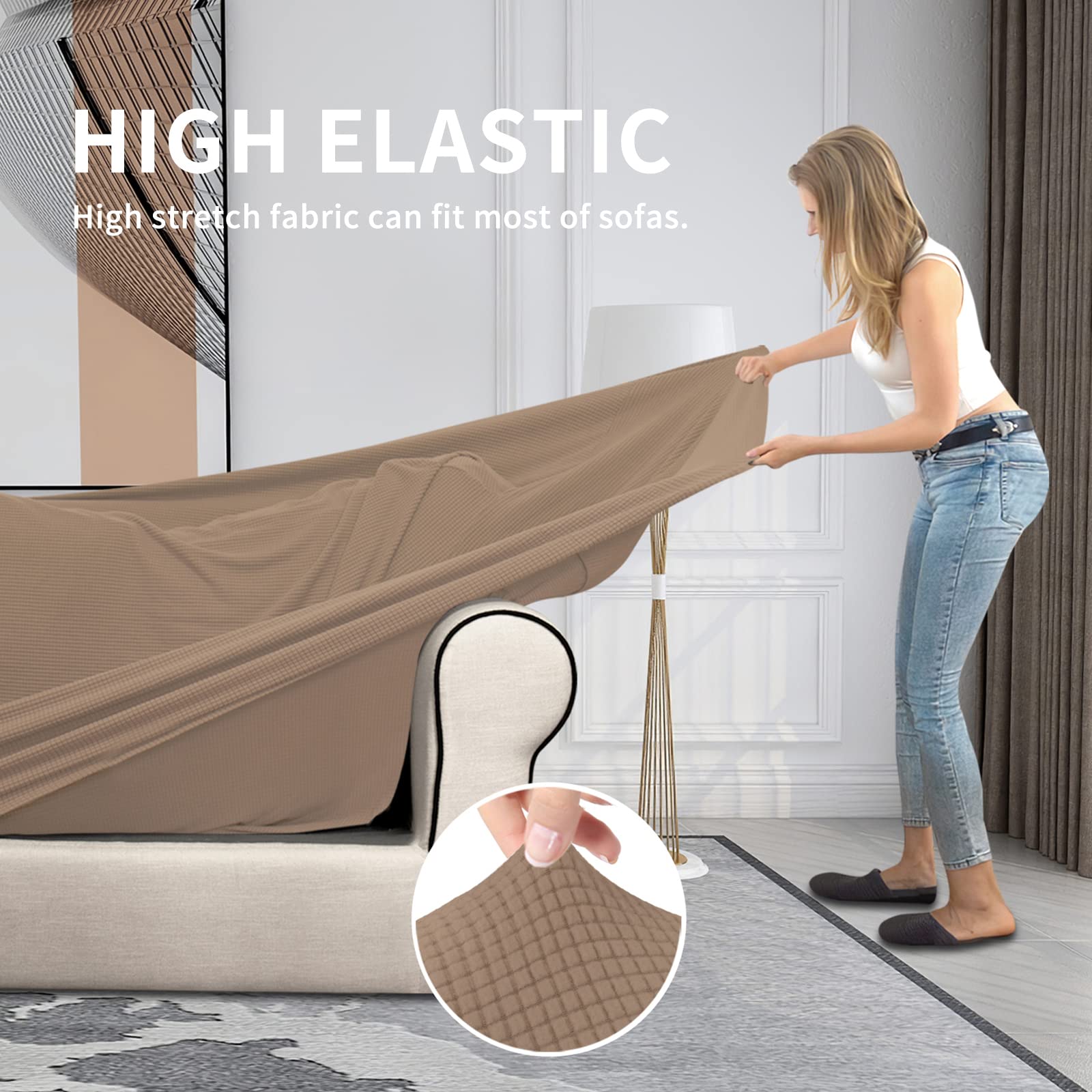 **Stretchable 4-Piece Sofa Cover for Pets & Kids – Washable Spandex Elastic Couch Protector for 3-Cushion Couches (Camel, Oversized) – Perfect for Pet Owners & Families with Active Kids**