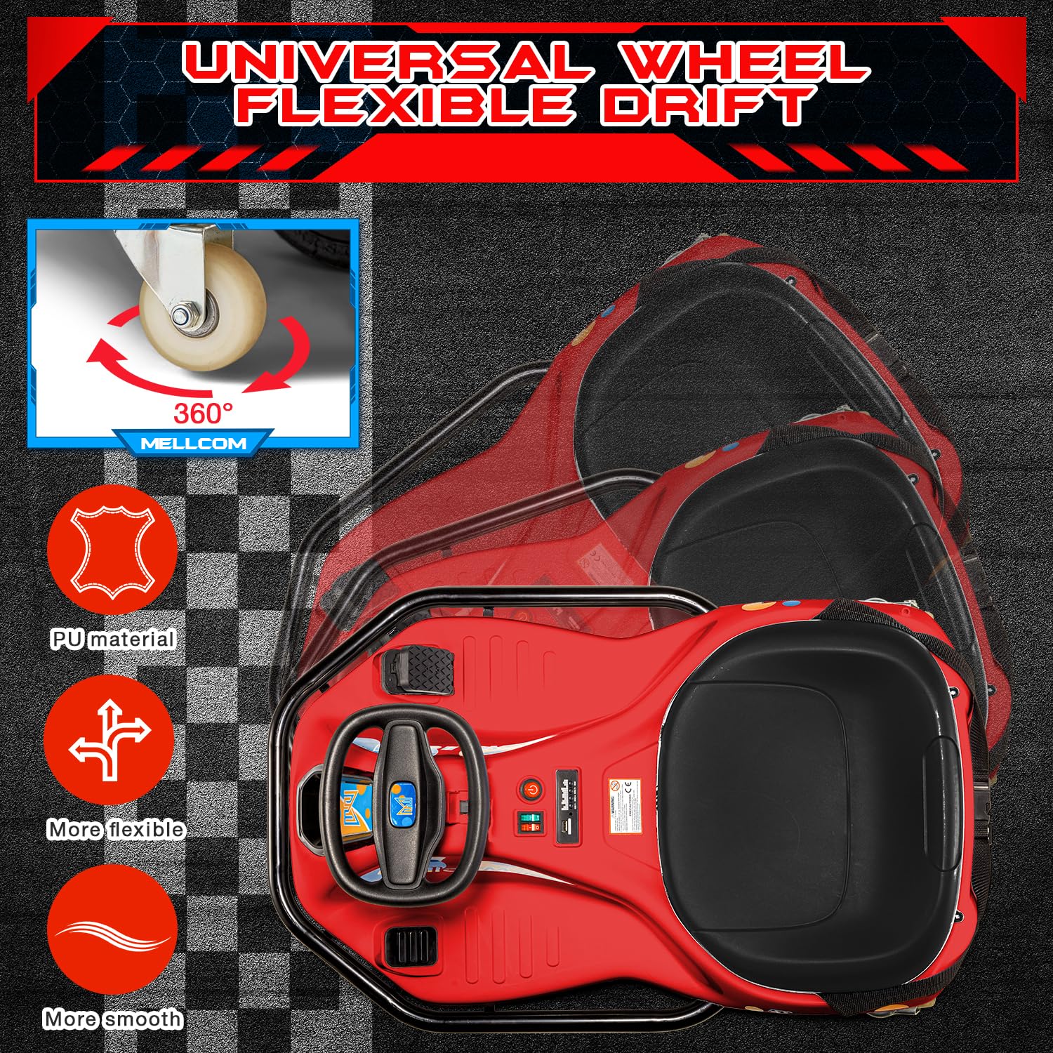 MELLCOM 24V Electric Drifting Go Kart for Kids - 360° Rotatable Wheels, Bluetooth, Music & LED Lights - Ride On Toy Car with Acceleration Pedal - Perfect for Backyard Racing, Birthday Gifts & Outdoor Play (Red)