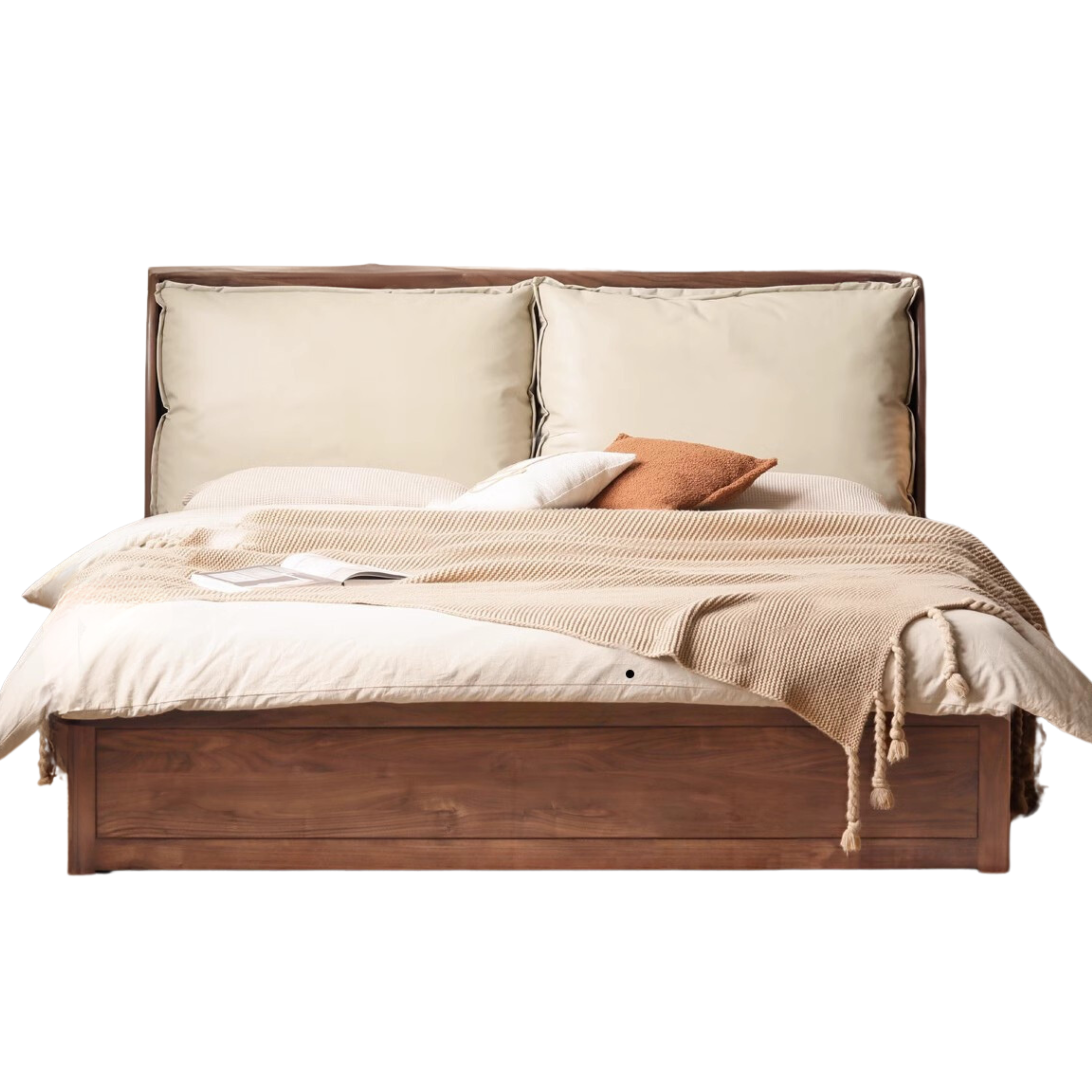 Solid Black Walnut Wood Bed with Genuine Leather Headboard - Luxury Bedroom Furniture for Master Suite, Guest Room & Modern Home Decor