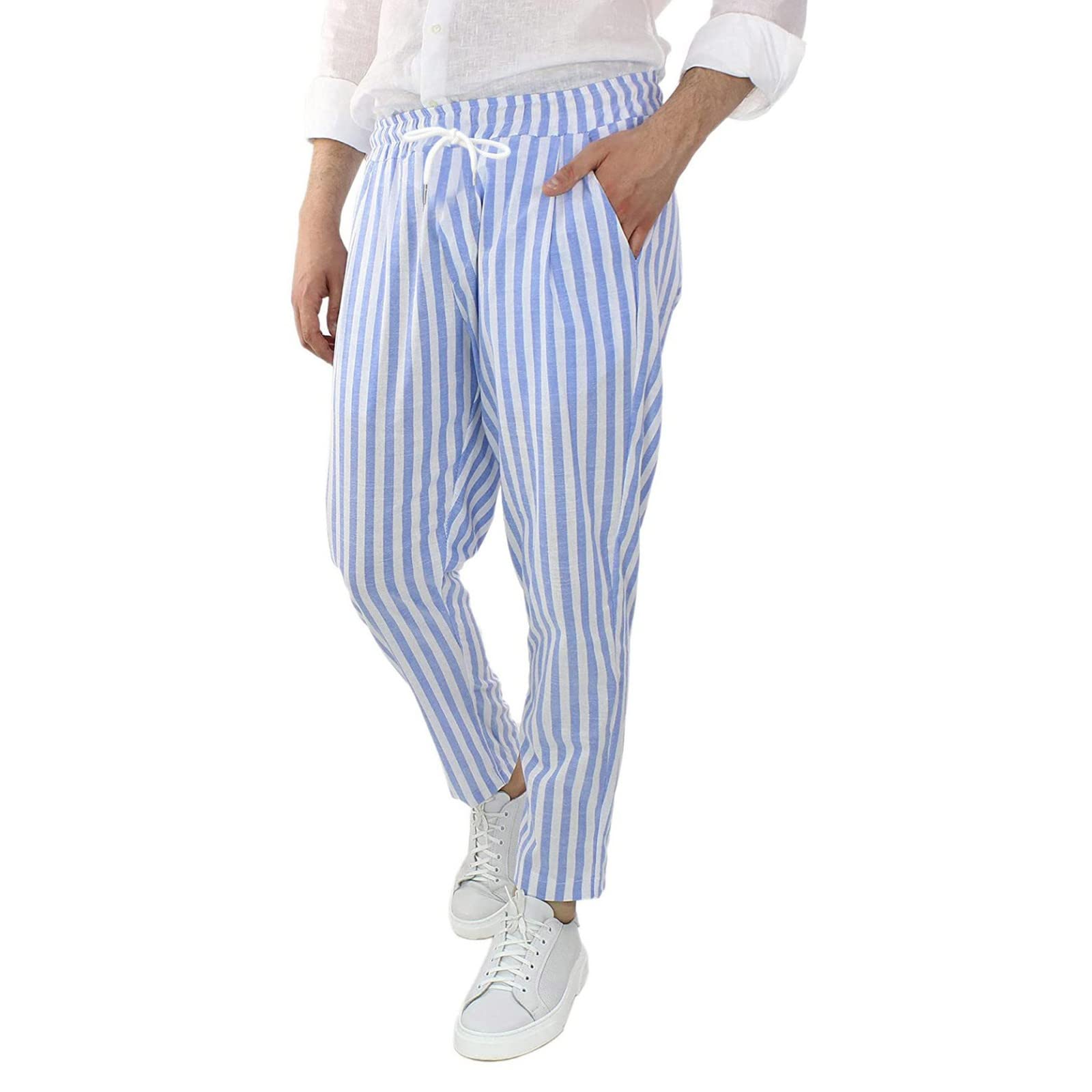 Breathable Linen Docker Pants for Men - Light Blue Striped Casual Cotton Trousers with Loose Fit (XXXL) | Perfect for Summer, Office & Outdoor Activities