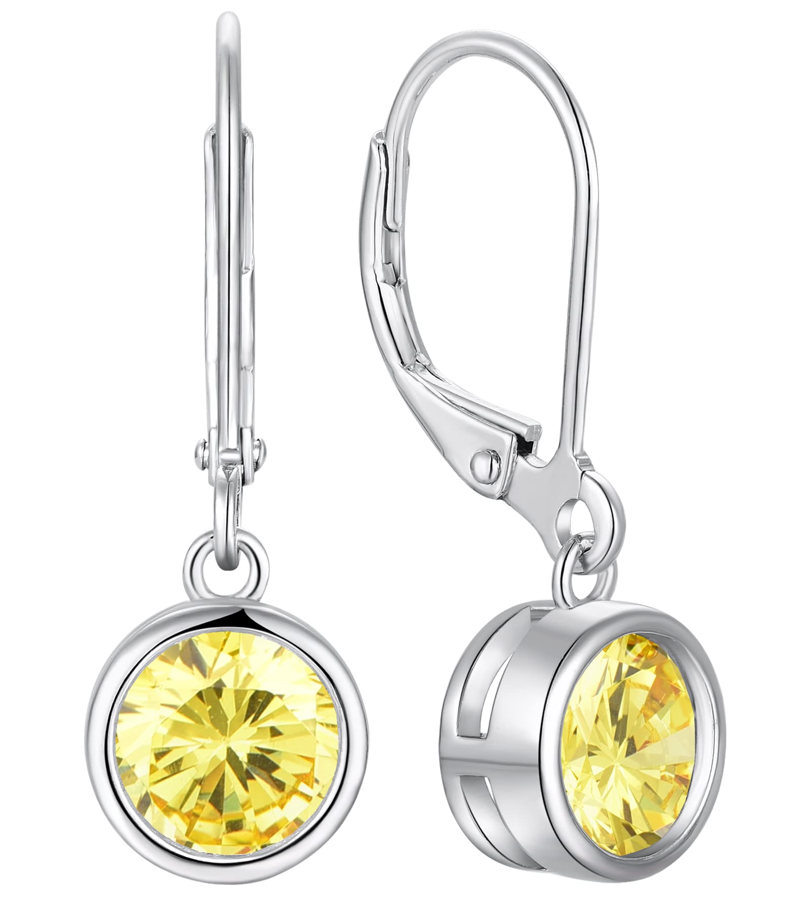 YL Women's 925 Sterling Silver Round Leverback Drop Earrings with Birthstone - Elegant Solitaire Dangle Jewelry for Everyday Wear & Special Occasions