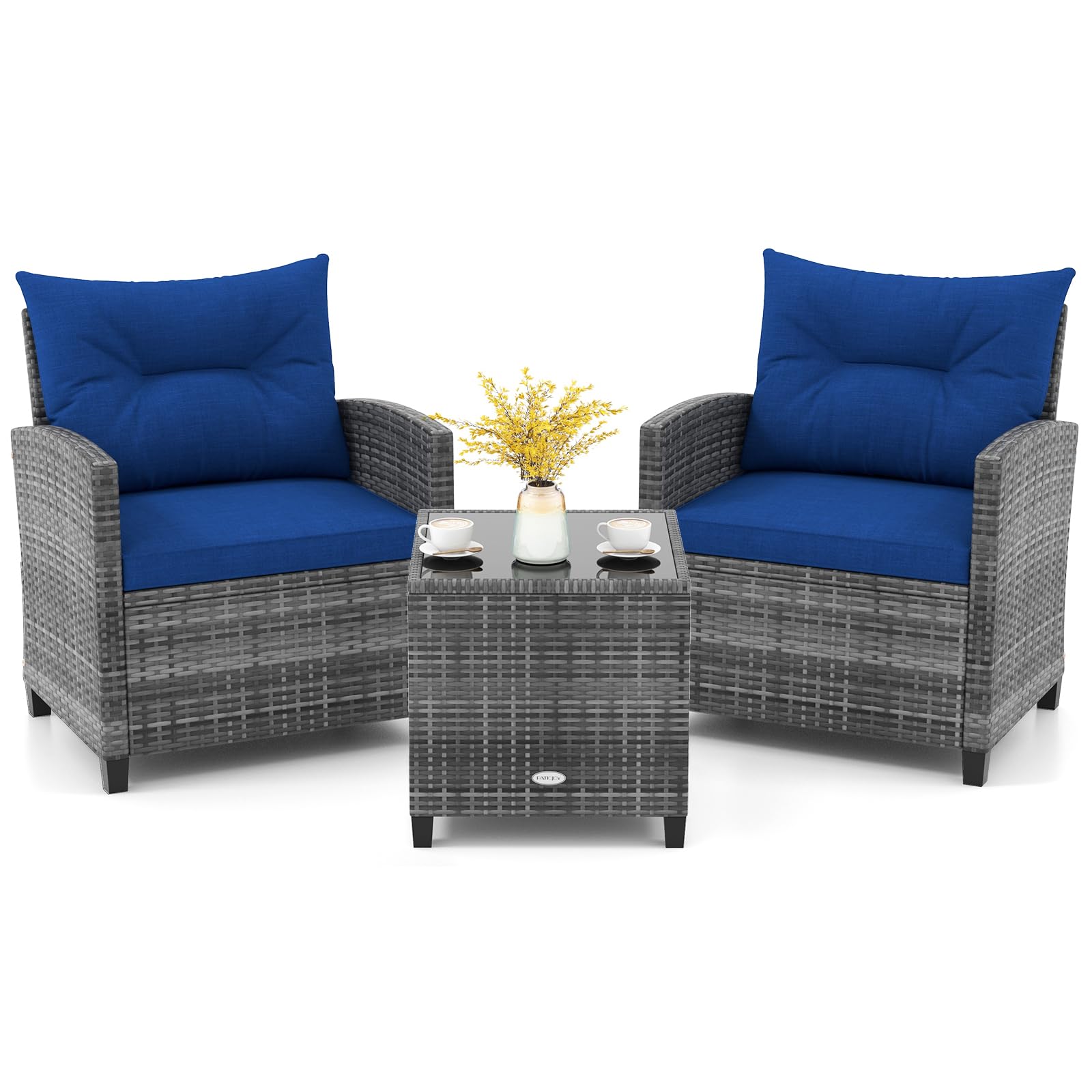 **KOTEK 3-Piece Outdoor Patio Furniture Set - PE Rattan Wicker Chairs & Tempered Glass Table with Washable Cushions - Navy Blue - Perfect for Porch, Garden, Balcony, and Backyard Relaxation**