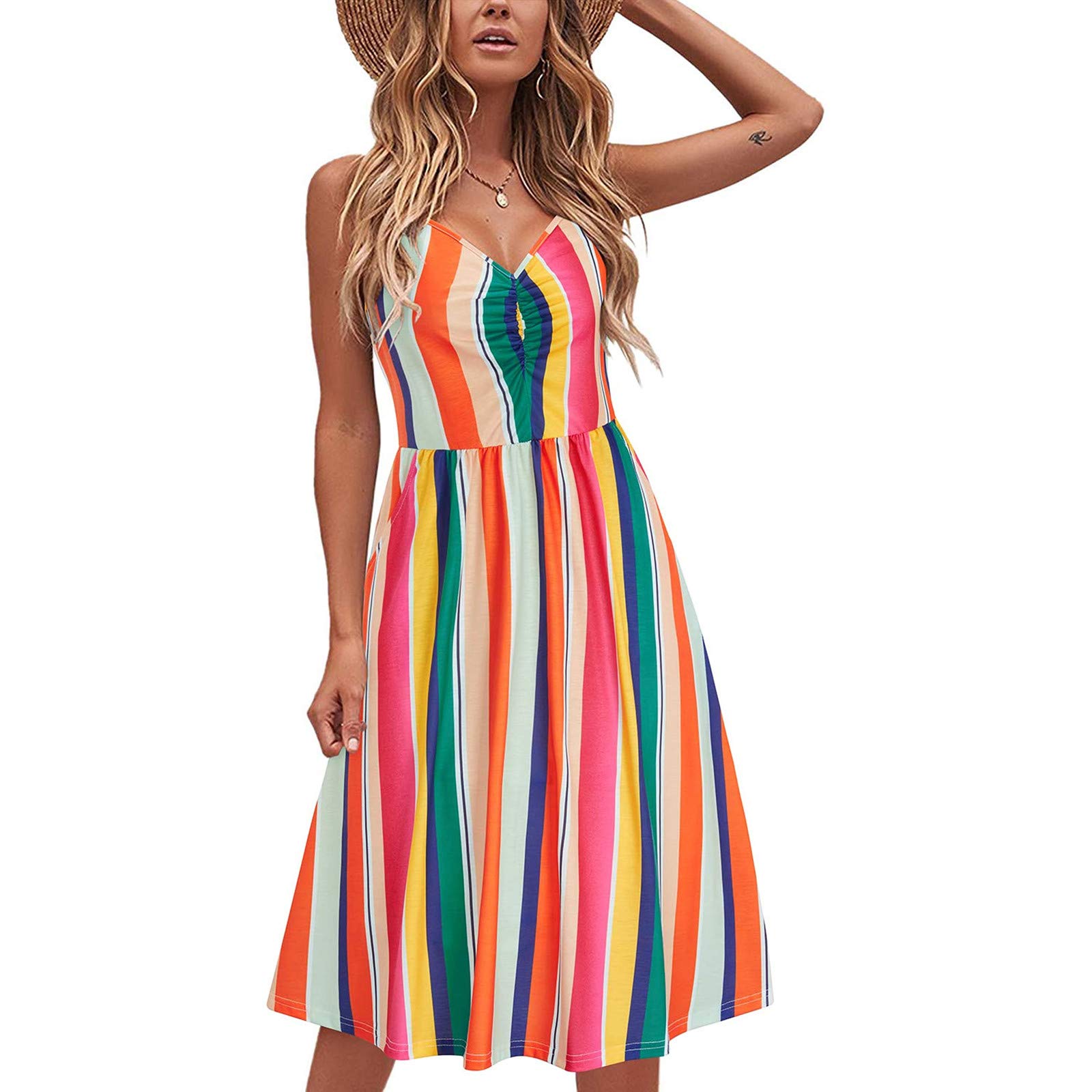 ONHUON Women's Summer V-Neck Swing Dress - Casual Sleeveless Mini Sundress for Beach, Vacation & Outdoor Activities | Solid Color Flowy Dress for Women