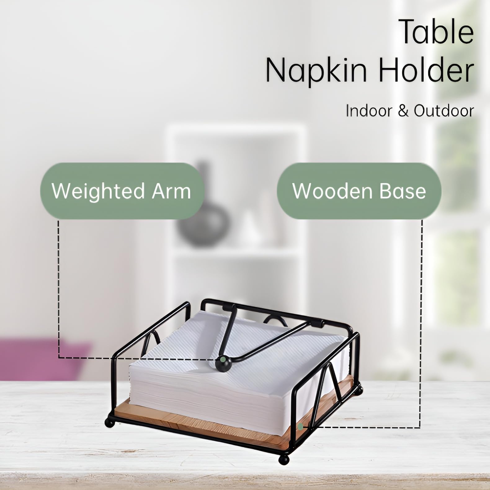 Square Metal Napkin Holder with Weighted Arm & Wooden Base - Farmhouse Kitchen Countertop Organizer for Dining Table, Restaurant & Home Decor (Black)